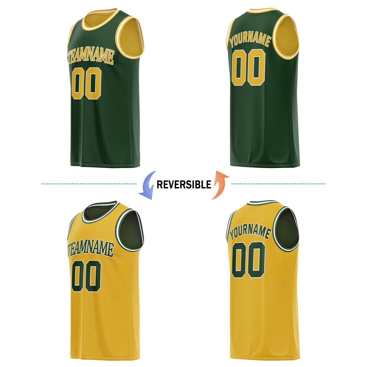 Custom Reversible Forest Green & Gold Basketball Jersey | Personalized Team Name & Number - Vosoli