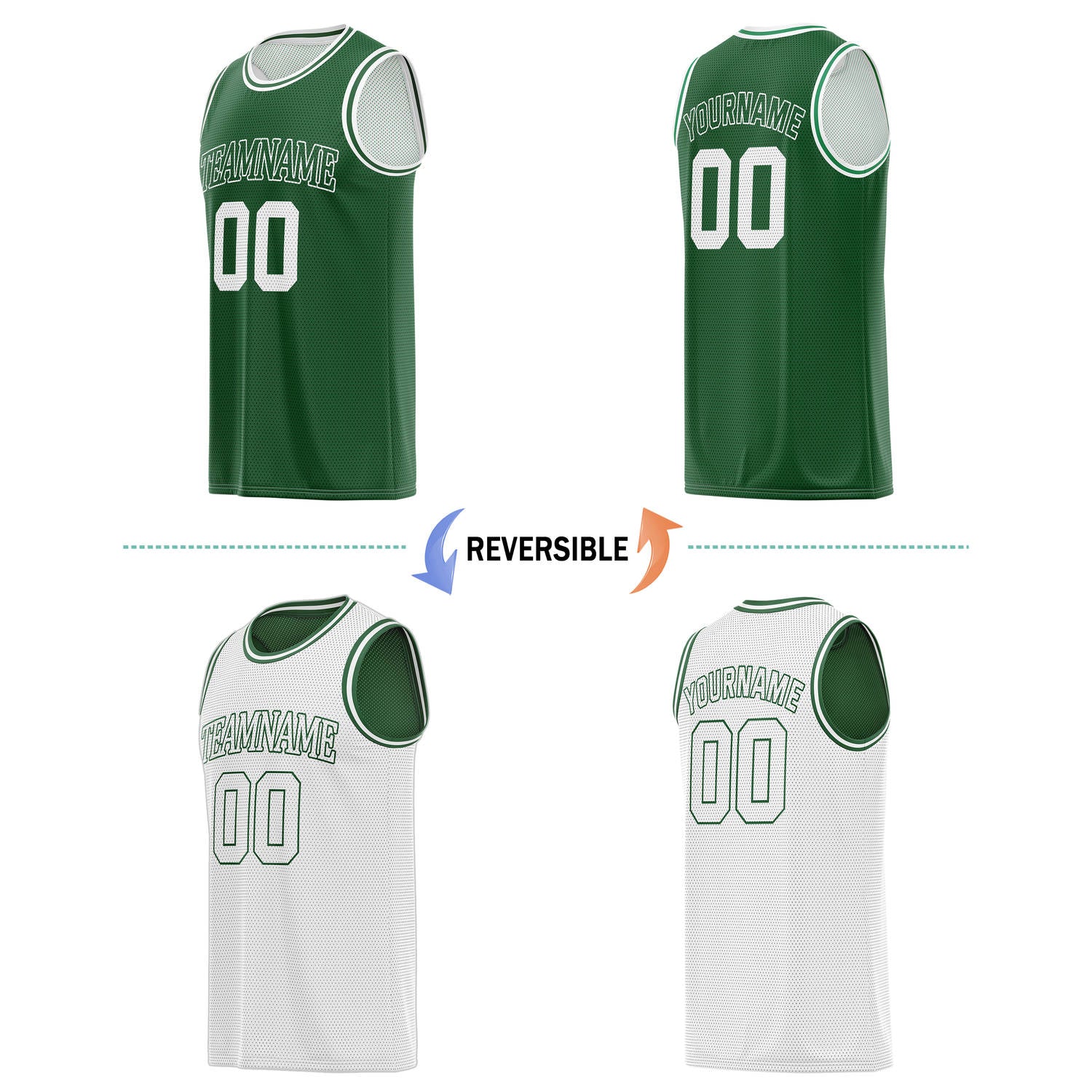 Custom Reversible Forest Green & White Basketball Jersey | Personalized Team Name & Number - Vosoli