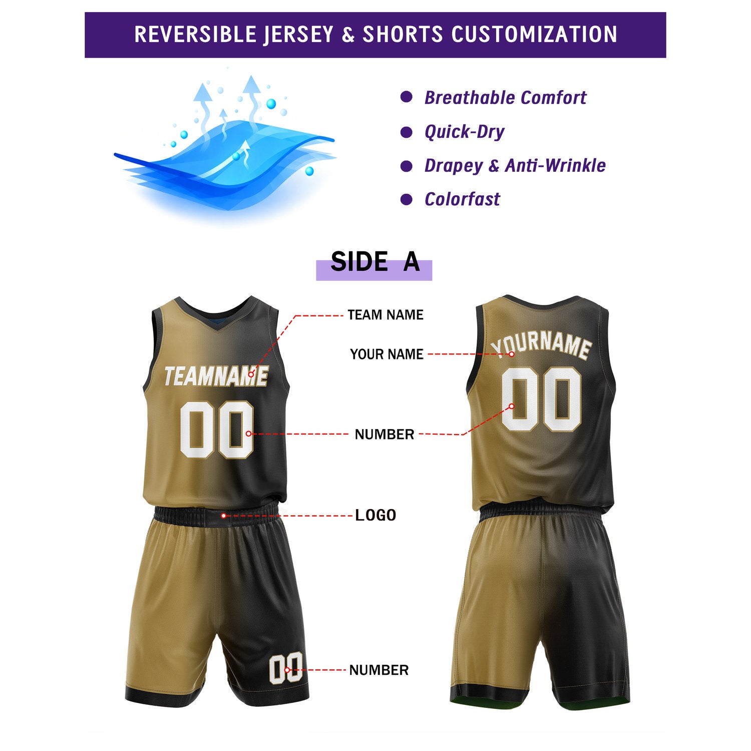 Custom Reversible Gold Black Red Basketball Uniform Set | Team & Player Name - Vosoli