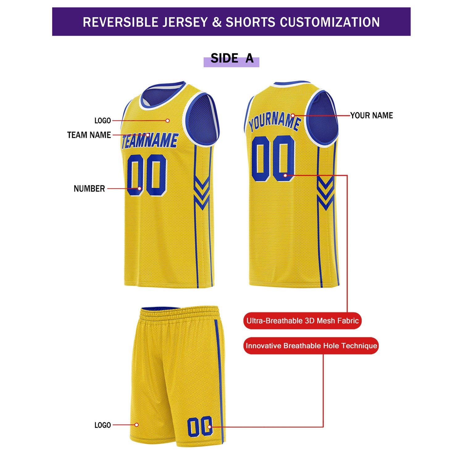 Custom Reversible Gold Blue Basketball Uniform Set | Team Name & Number - Vosoli