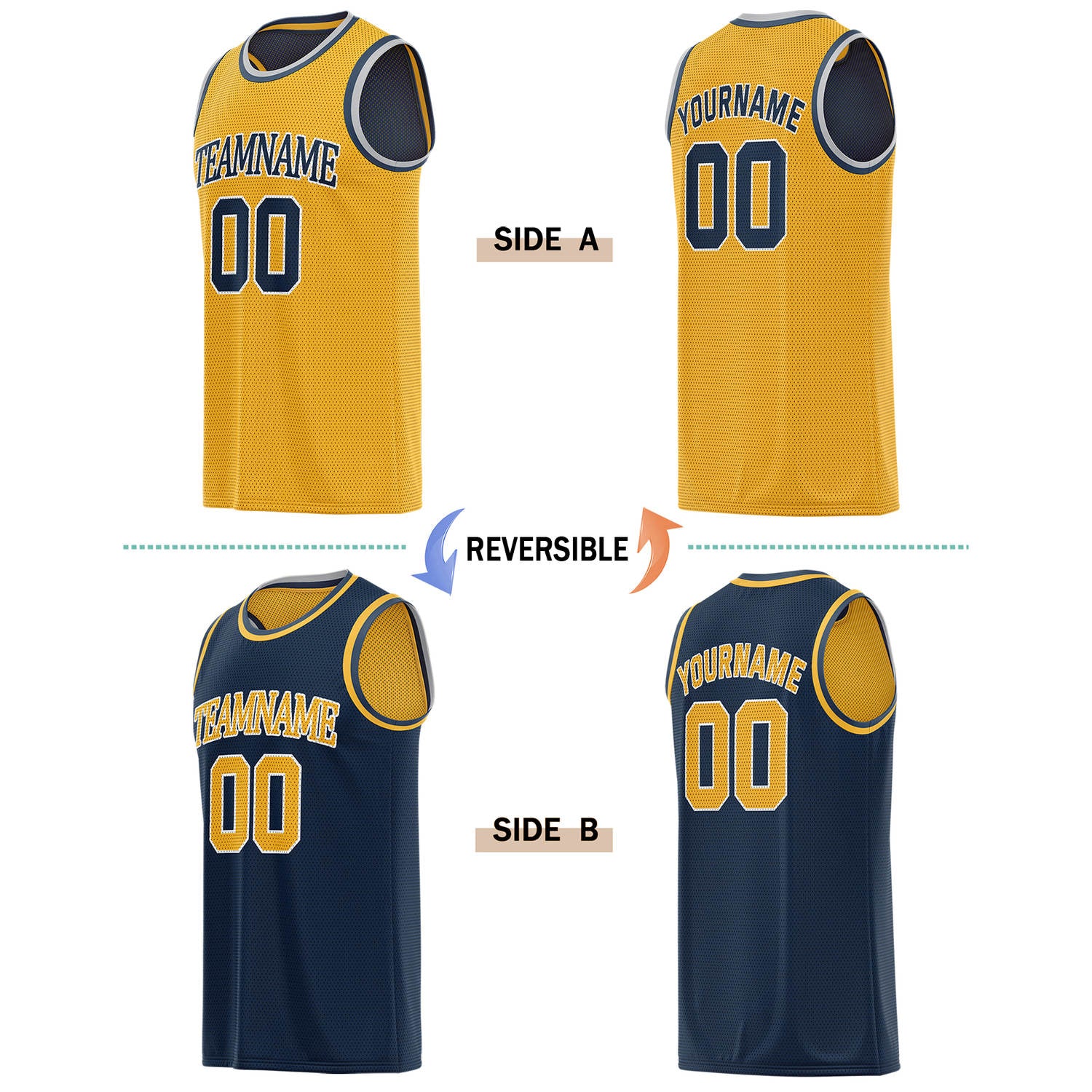 Custom Reversible Gold & Navy Basketball Jersey | Personalized for Team Sports - Vosoli