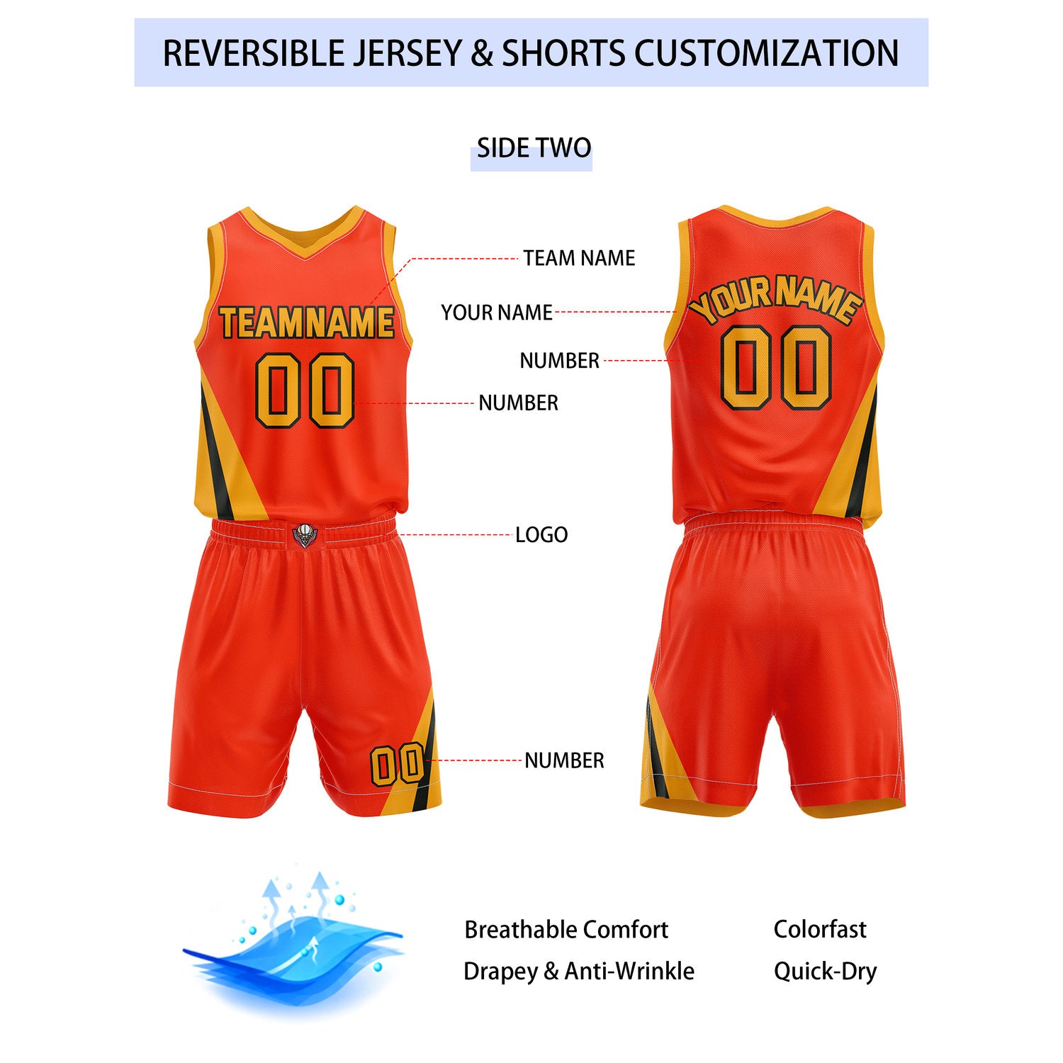 Custom Reversible Gold Orange Basketball Uniform Set | Team & Player Name - Vosoli
