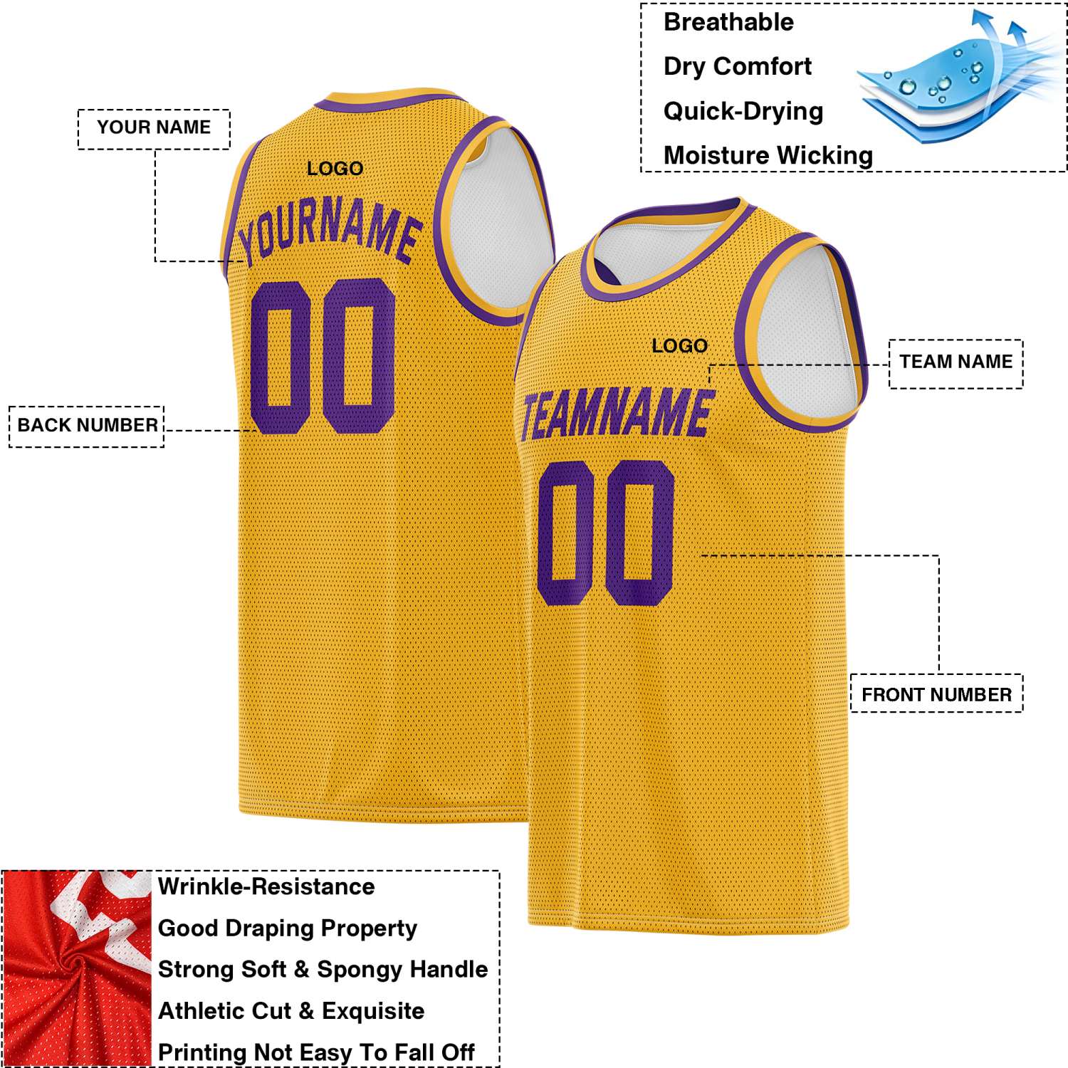 Custom Reversible Gold & White Accented Mesh Basketball Jersey | Personalized Team Jersey | Vosoli