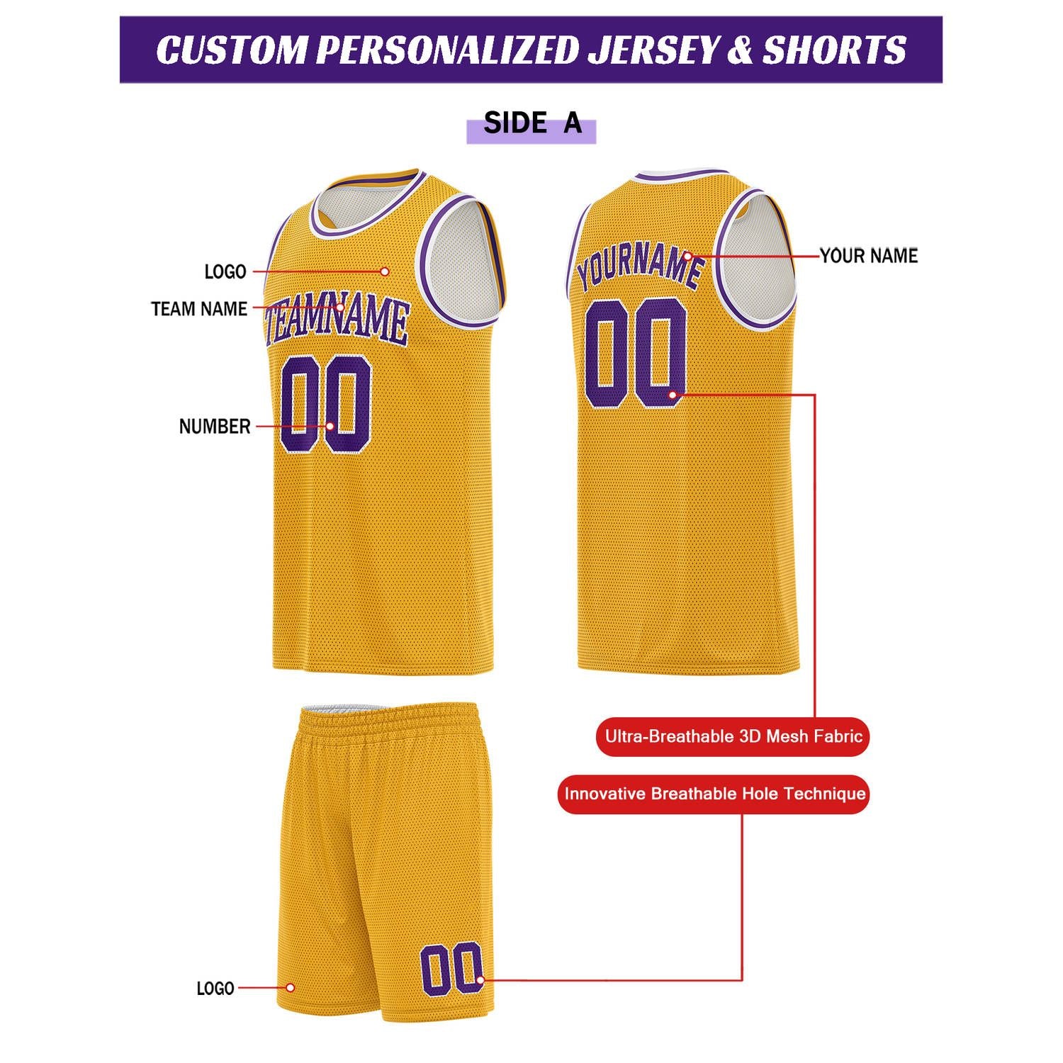 Custom Reversible Gold & White Basketball Uniform Set | Personalized for Team Sports Practice - Vosoli