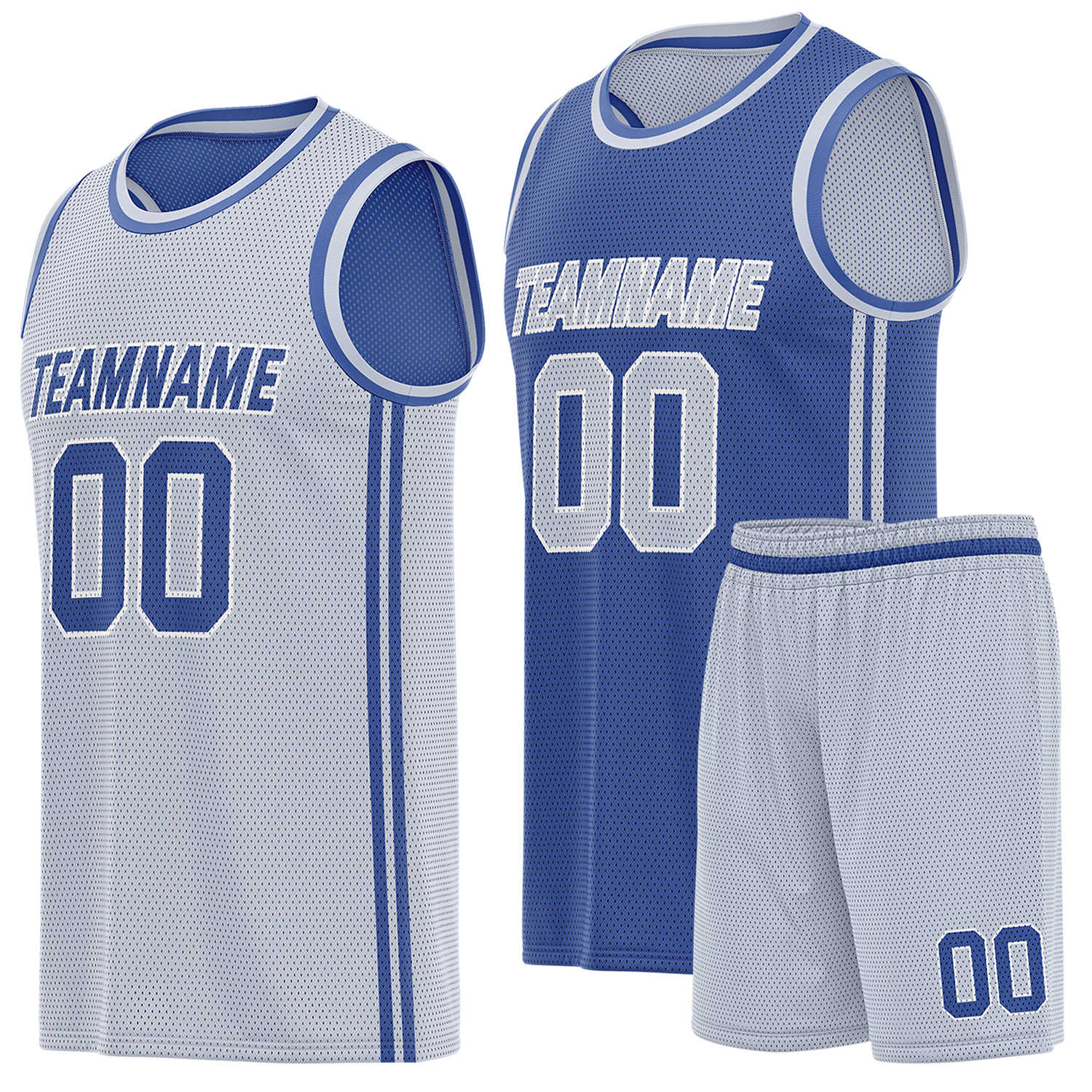 Custom reversible gray & blue basketball uniform (jersey + shorts), personalized team name number logo breathable mesh sports set for men women youth game practice - Vosoli