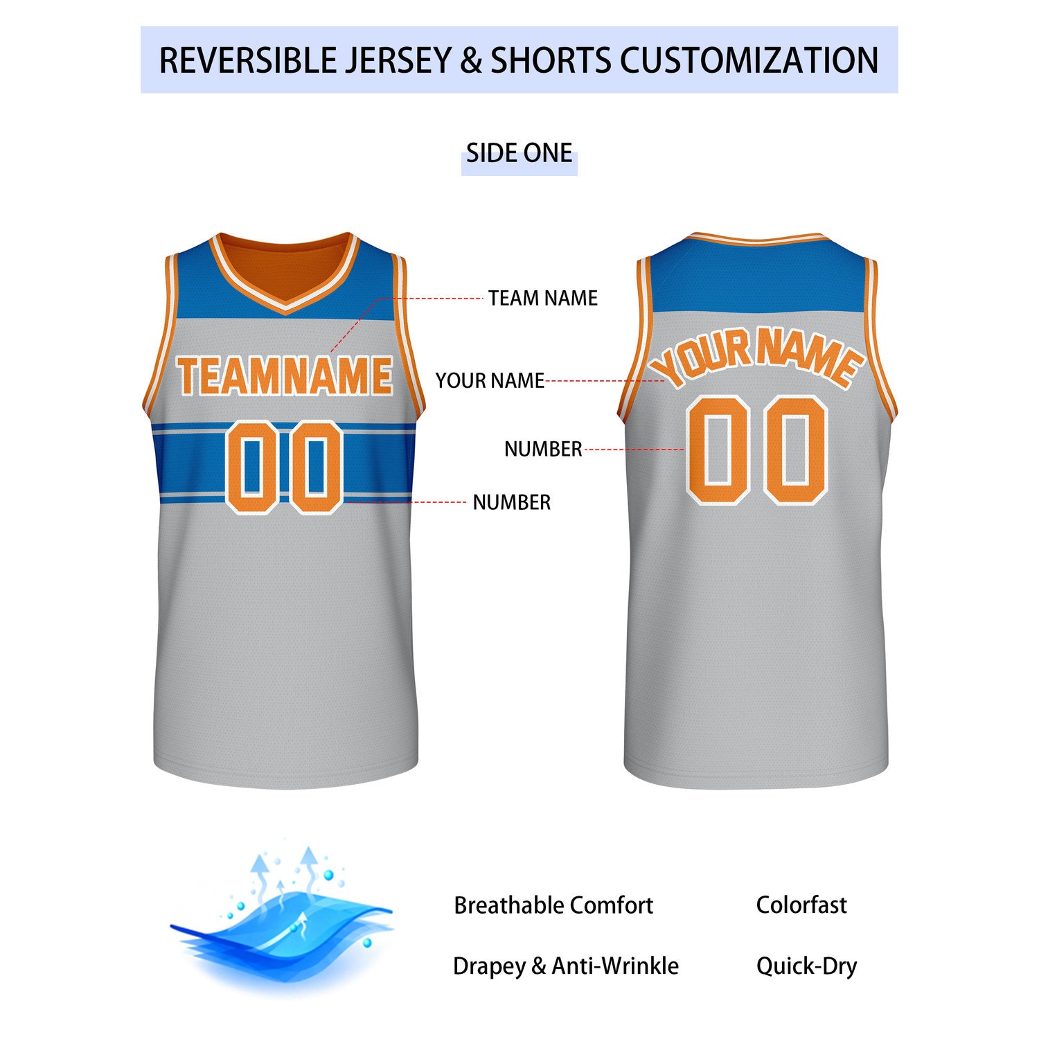 Custom Reversible Gray Blue Orange Block Basketball Jersey | Team & Player Name - Vosoli
