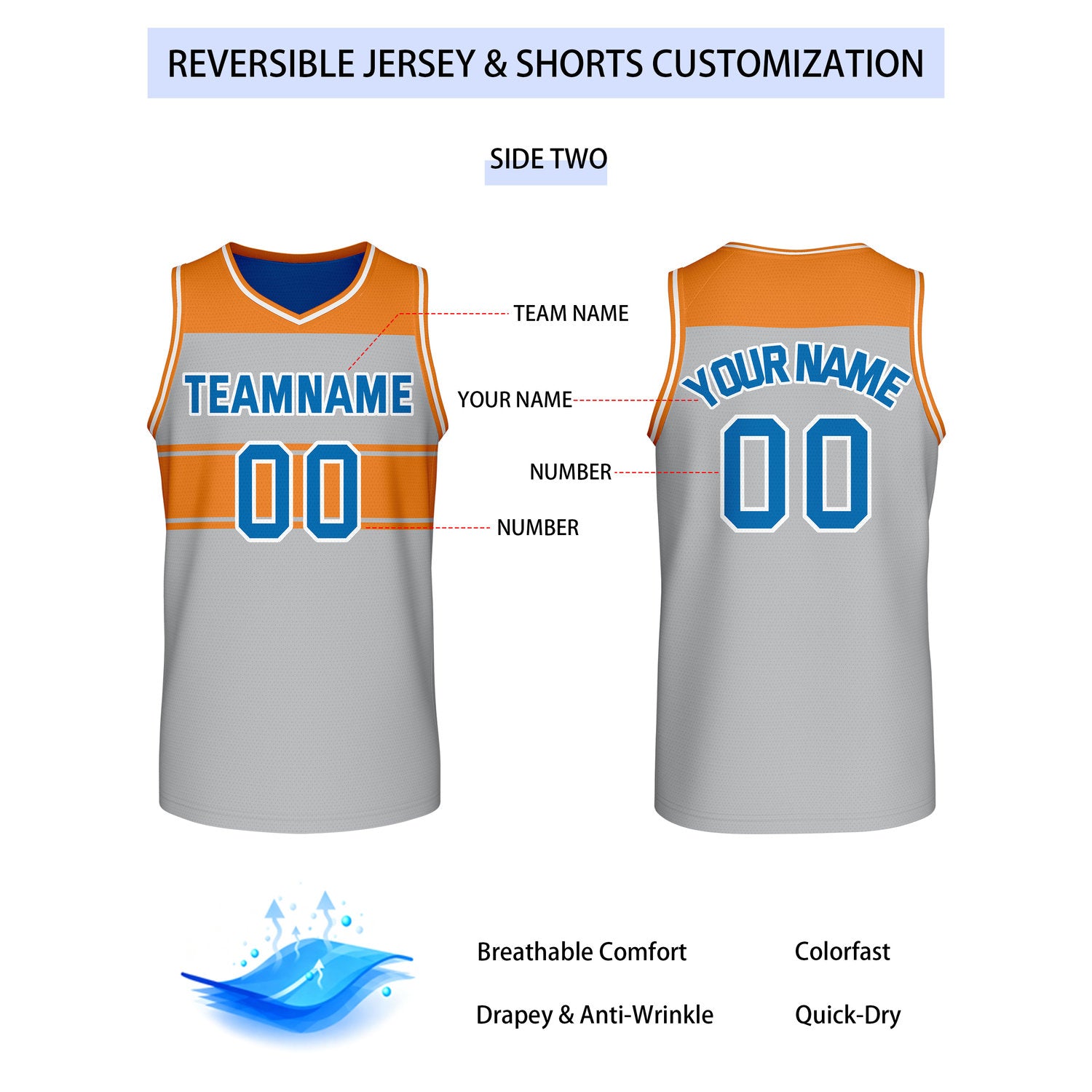 Custom Reversible Gray Blue Orange Block Basketball Jersey | Team & Player Name - Vosoli