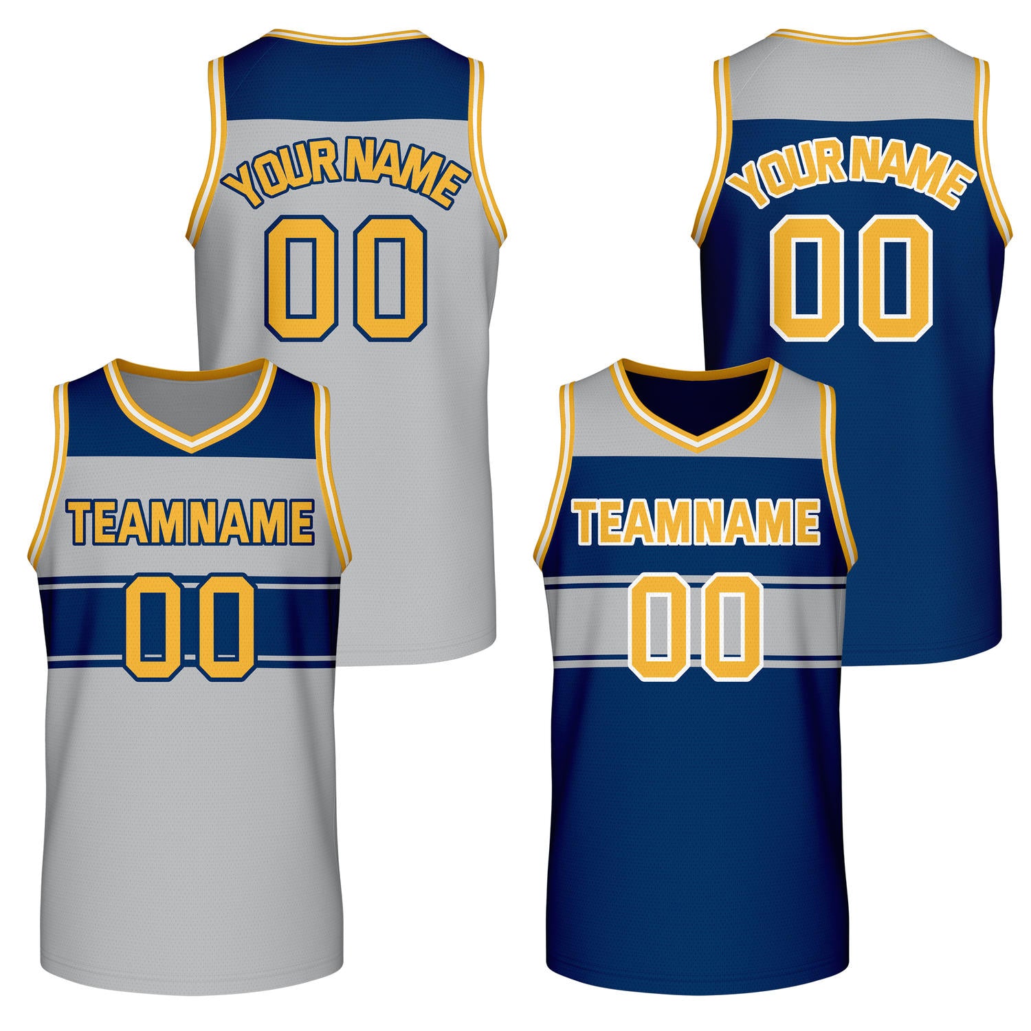 Custom Reversible Gray Navy Gold Block Basketball Jersey | Team & Player Name - Vosoli