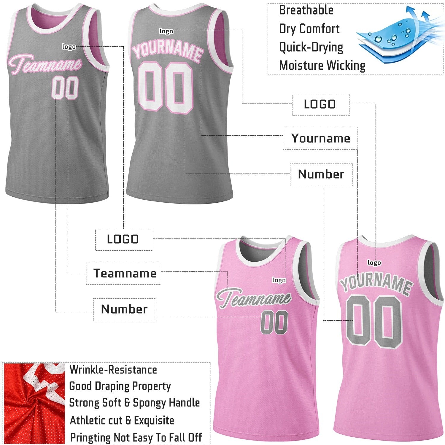 Custom Reversible Gray & Pink Basketball Jersey | Personalized Team Jersey | Vosoli
