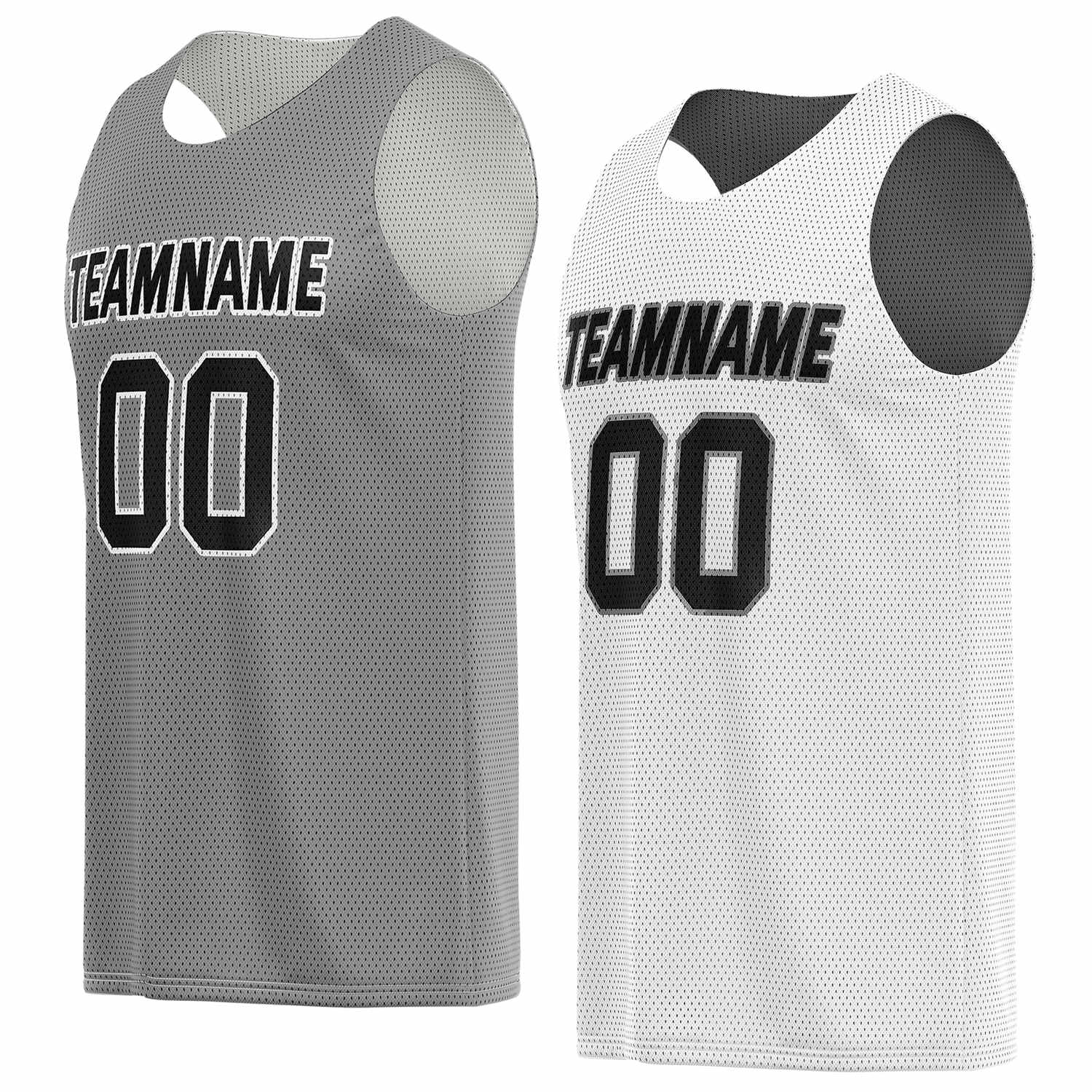 Custom reversible gray & white basketball jersey, personalized team name number logo breathable mesh sports top for men women youth game practice wear - Vosoli