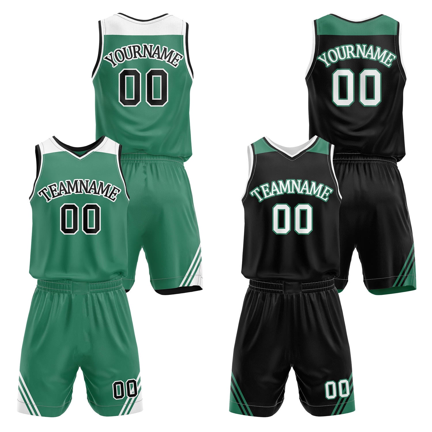 Custom reversible green & black basketball uniform set, personalized with team name number and logo, breathable mesh fabric for men women youth game practice - Vosoli