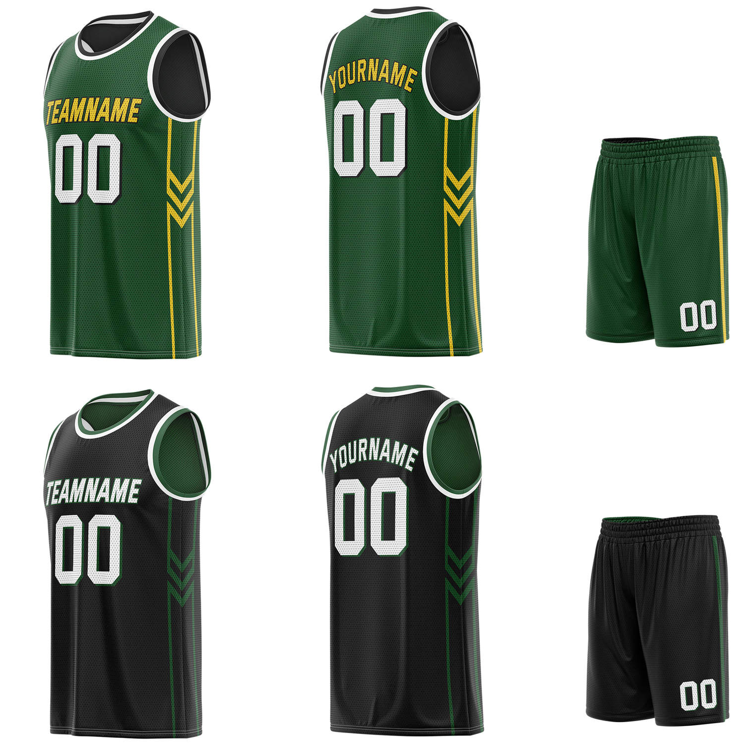 Custom reversible green & black basketball uniform set, personalized with team name number and logo, breathable mesh fabric for men women youth game practice - Vosoli