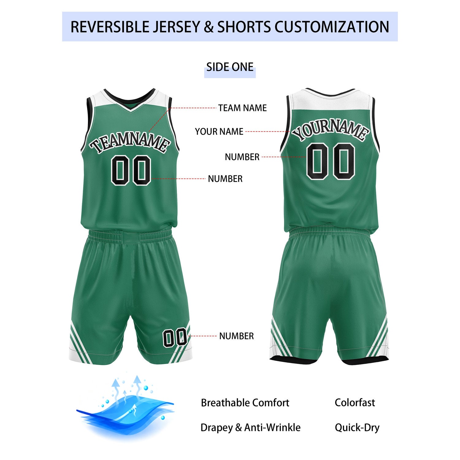 Custom Reversible Green Black Basketball Uniform Set | Team Name & Number - Vosoli