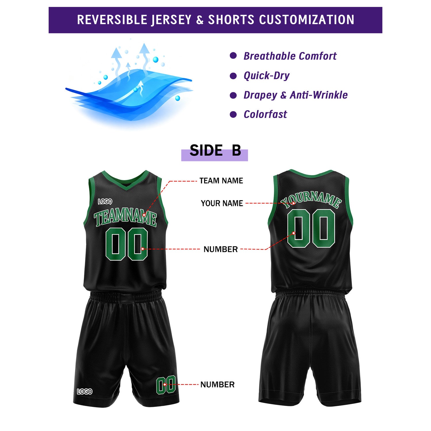 Custom Reversible Green Black Basketball Uniform Set | Team Name & Number - Vosoli