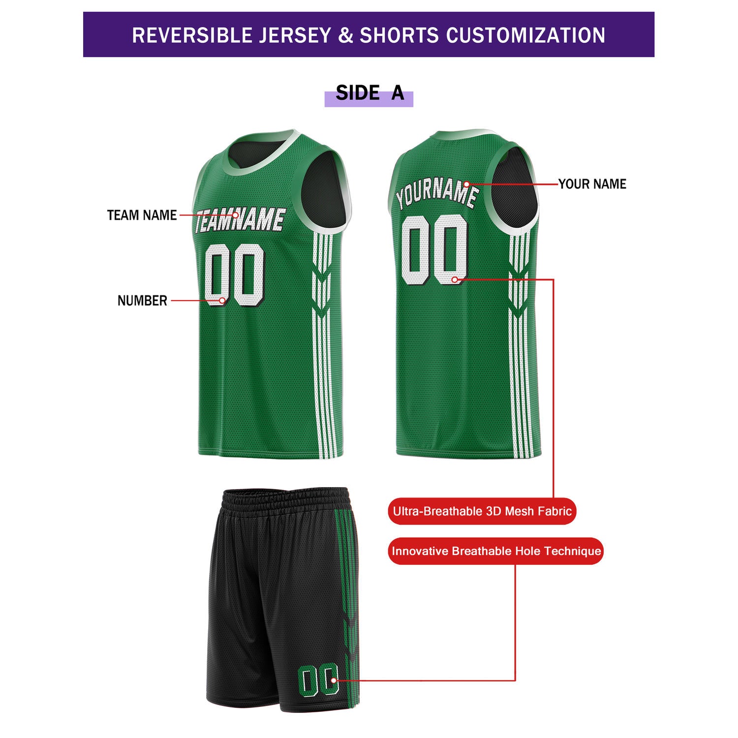 Custom Reversible Green Black Basketball Uniform Set | Team & Player Name - Vosoli