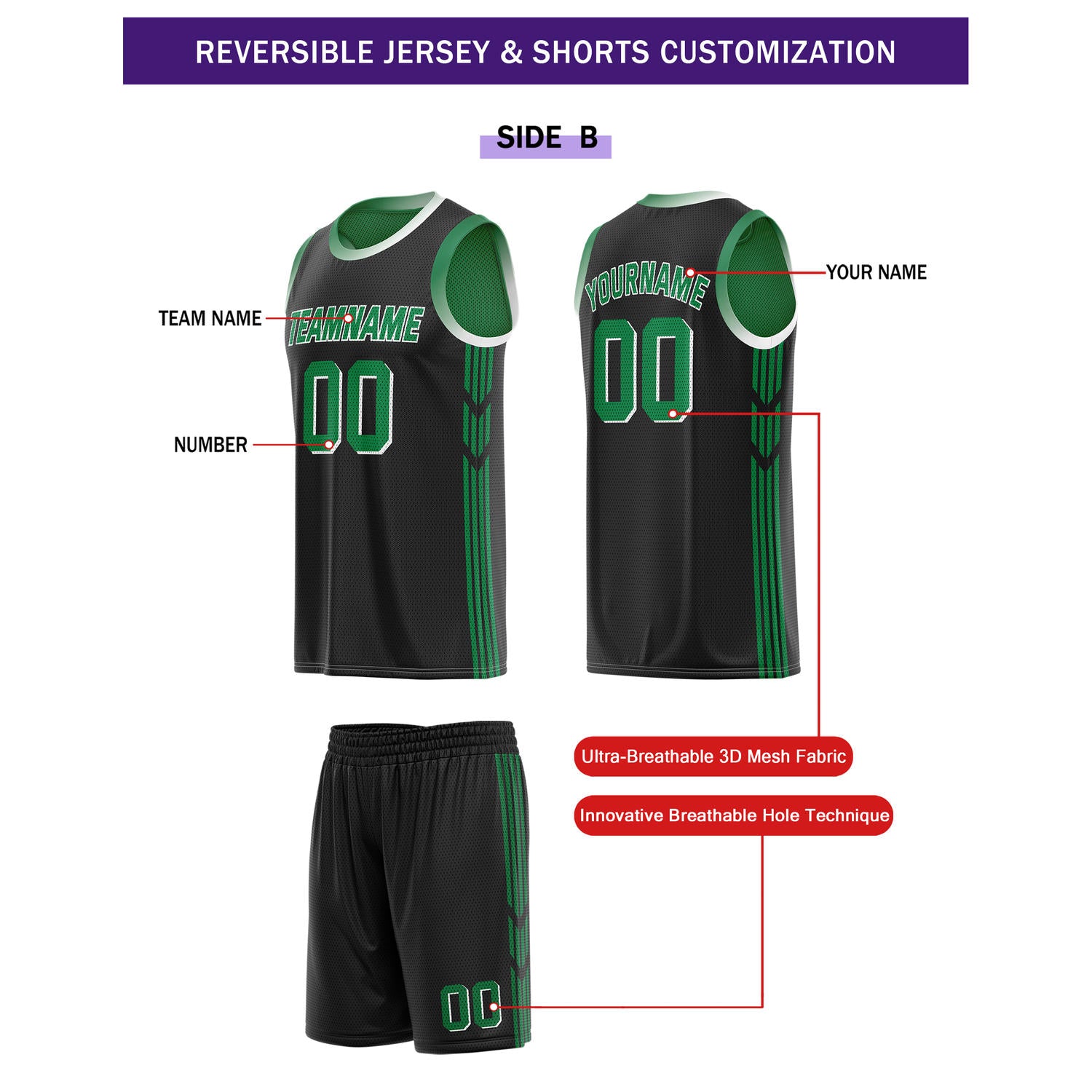 Custom Reversible Green Black Basketball Uniform Set | Team & Player Name - Vosoli