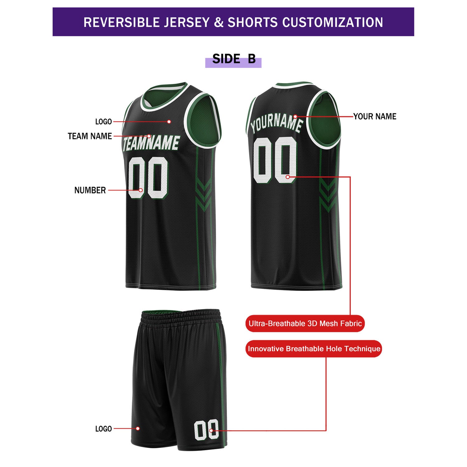 Custom Reversible Green Black Basketball Uniform Set | Team Name & Number - Vosoli