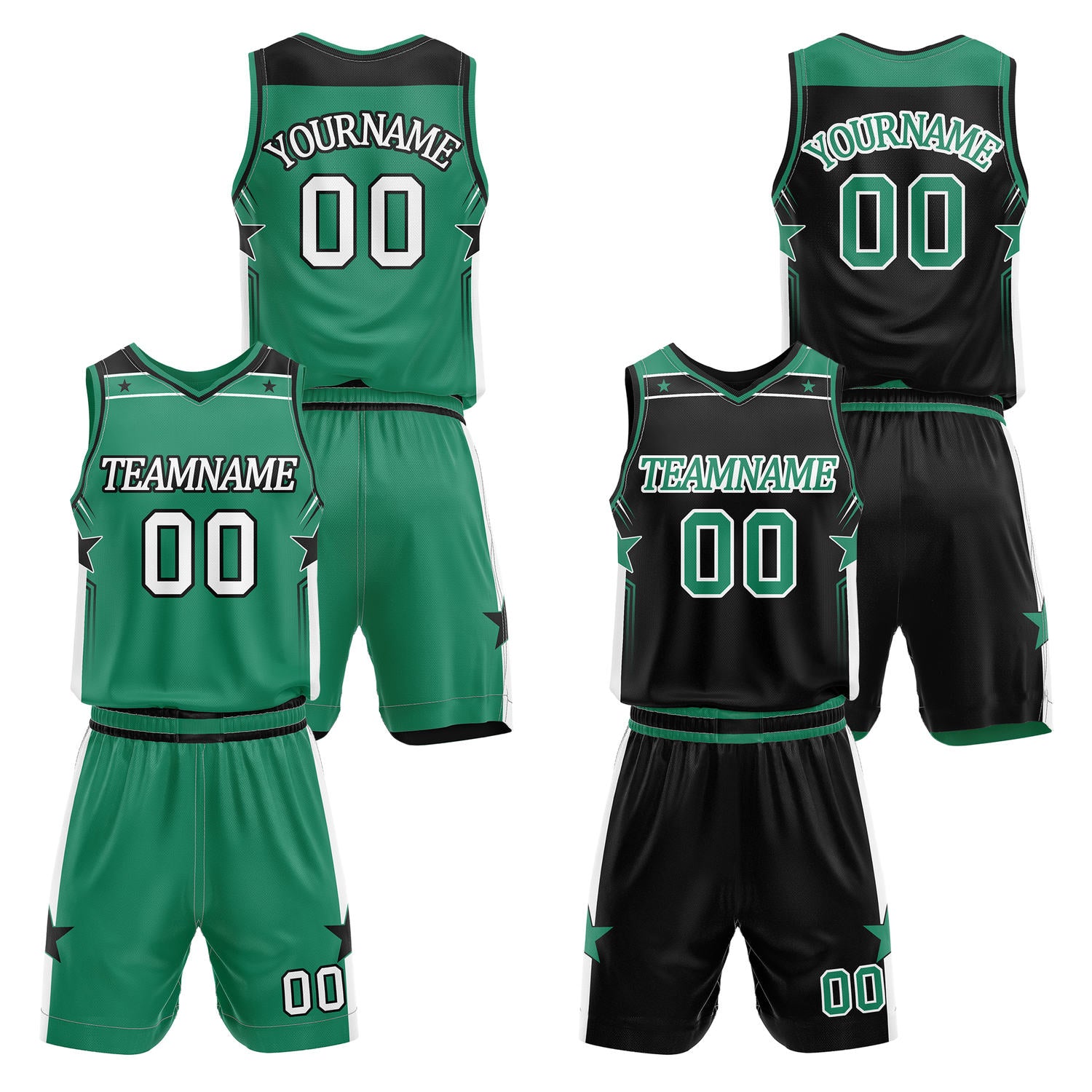 Custom reversible green & black basketball uniform set, personalized with team name number and logo, breathable mesh fabric for men women youth game practice - Vosoli