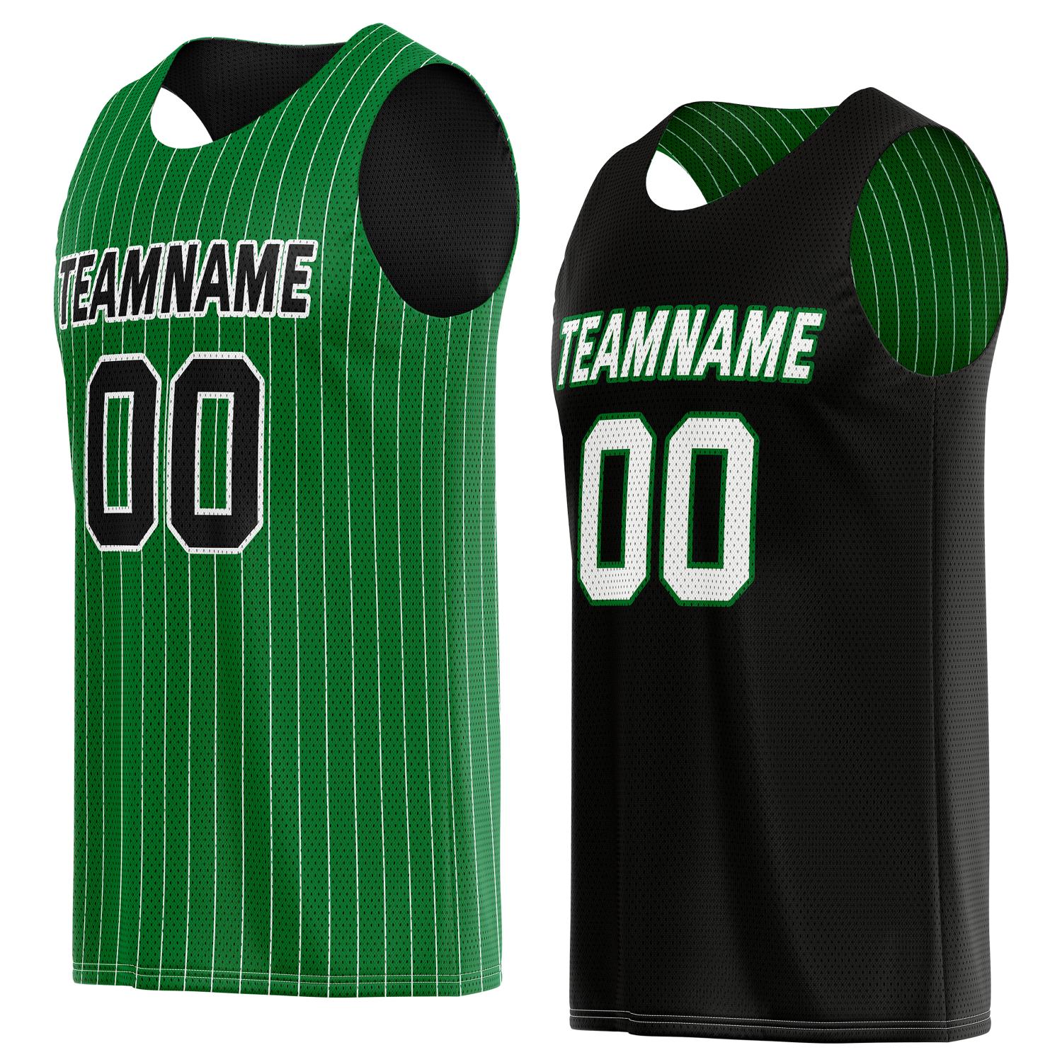 Custom Reversible Green Black Pinstripe Basketball Jersey, Personalized Team Name Number Breathable Mesh Uniform for Men Women Youth