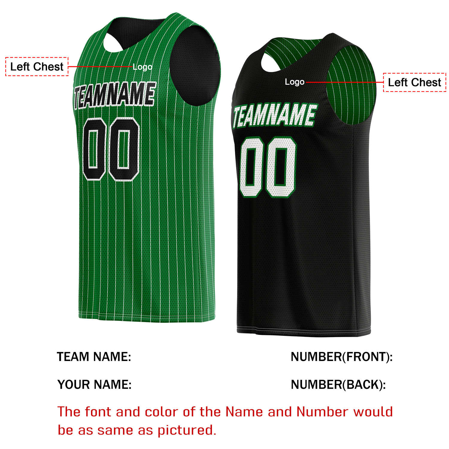 Custom Reversible Green Black Striped Basketball Jersey | Personalized Team Name, Number & LOGO | Vosoli