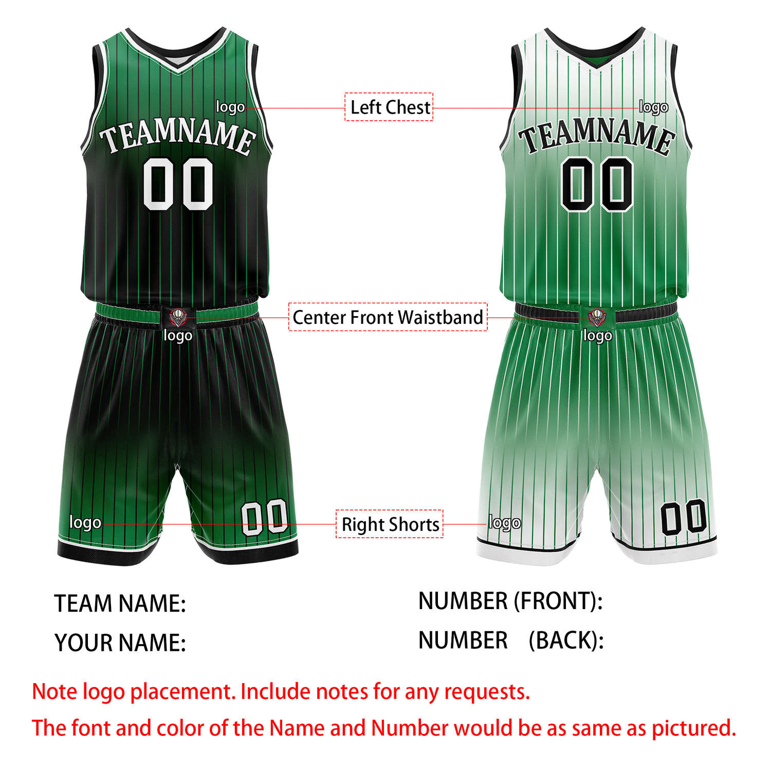 Custom Reversible Green Black White Gradient Striped Basketball Uniform Set | Team & Player Name - Vosoli