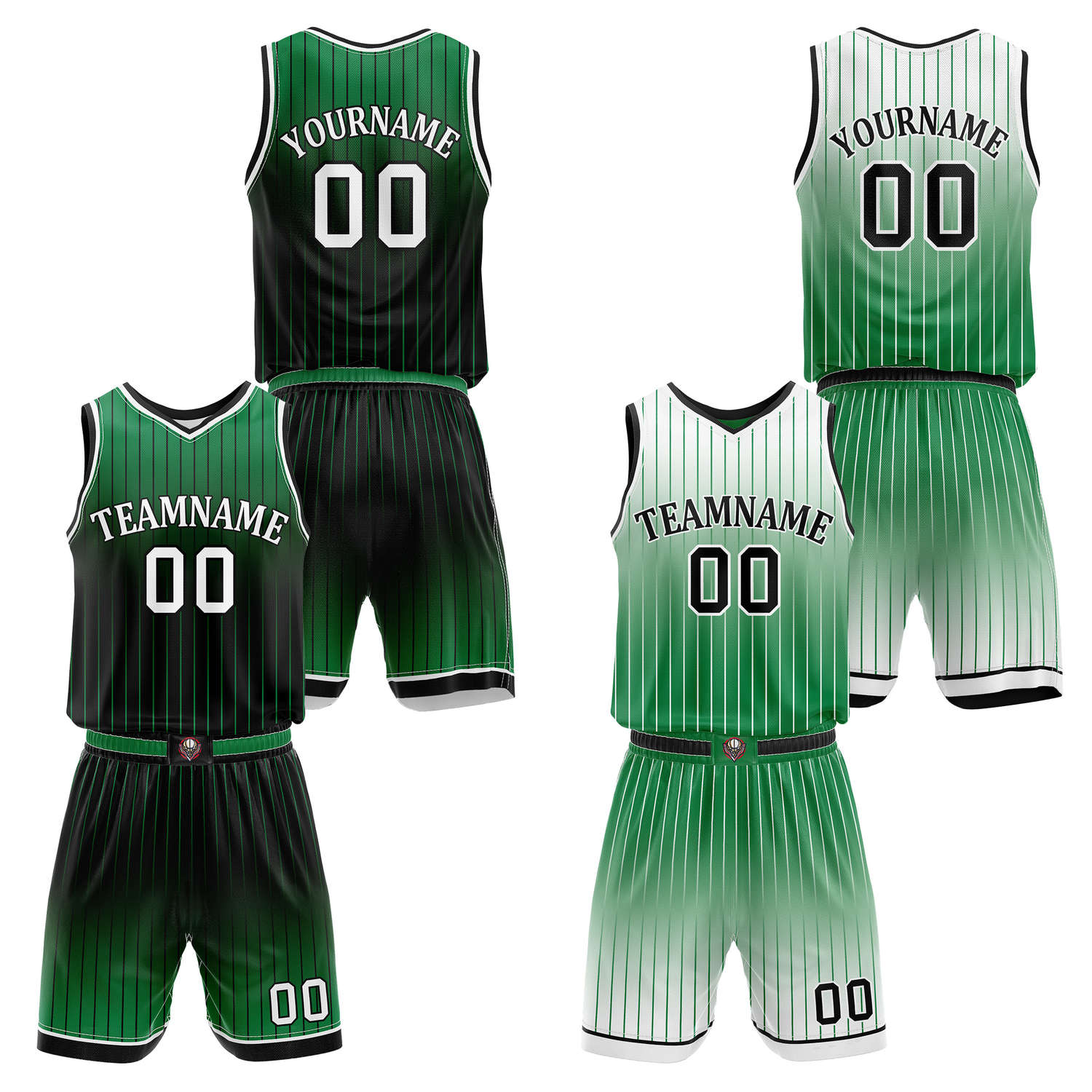 Custom Reversible Green Black White Gradient Striped Basketball Uniform Set | Team & Player Name - Vosoli