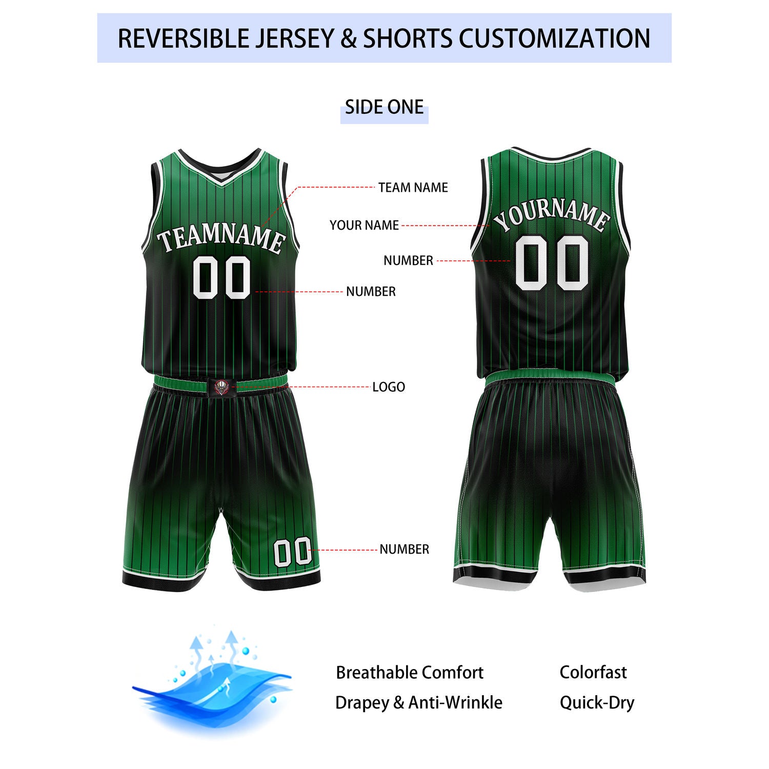 Custom Reversible Green Black White Gradient Striped Basketball Uniform Set | Team & Player Name - Vosoli