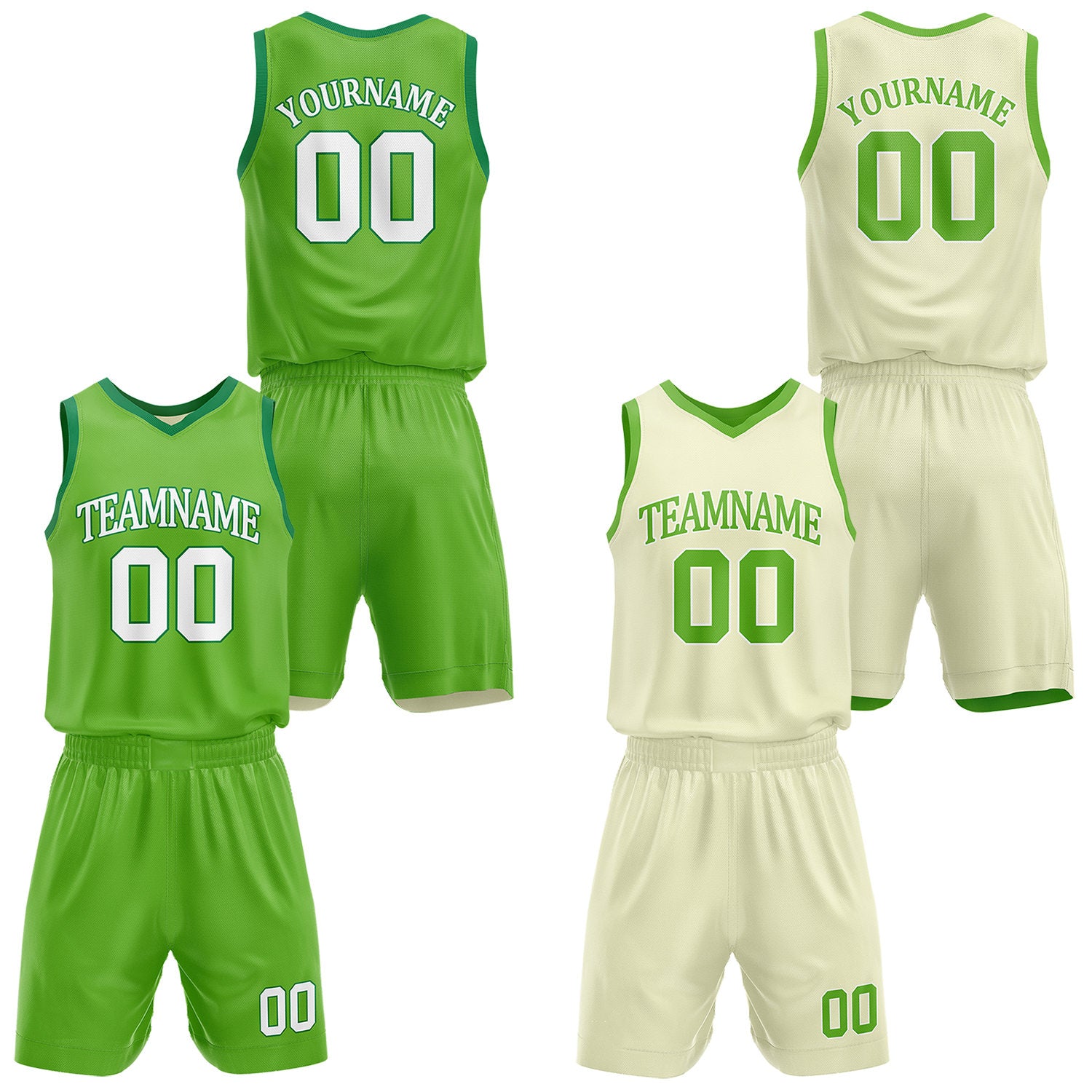 Custom reversible green & cream basketball uniform set, personalized with team name number and logo, sports jersey and shorts for men women youth game practice - Vosoli