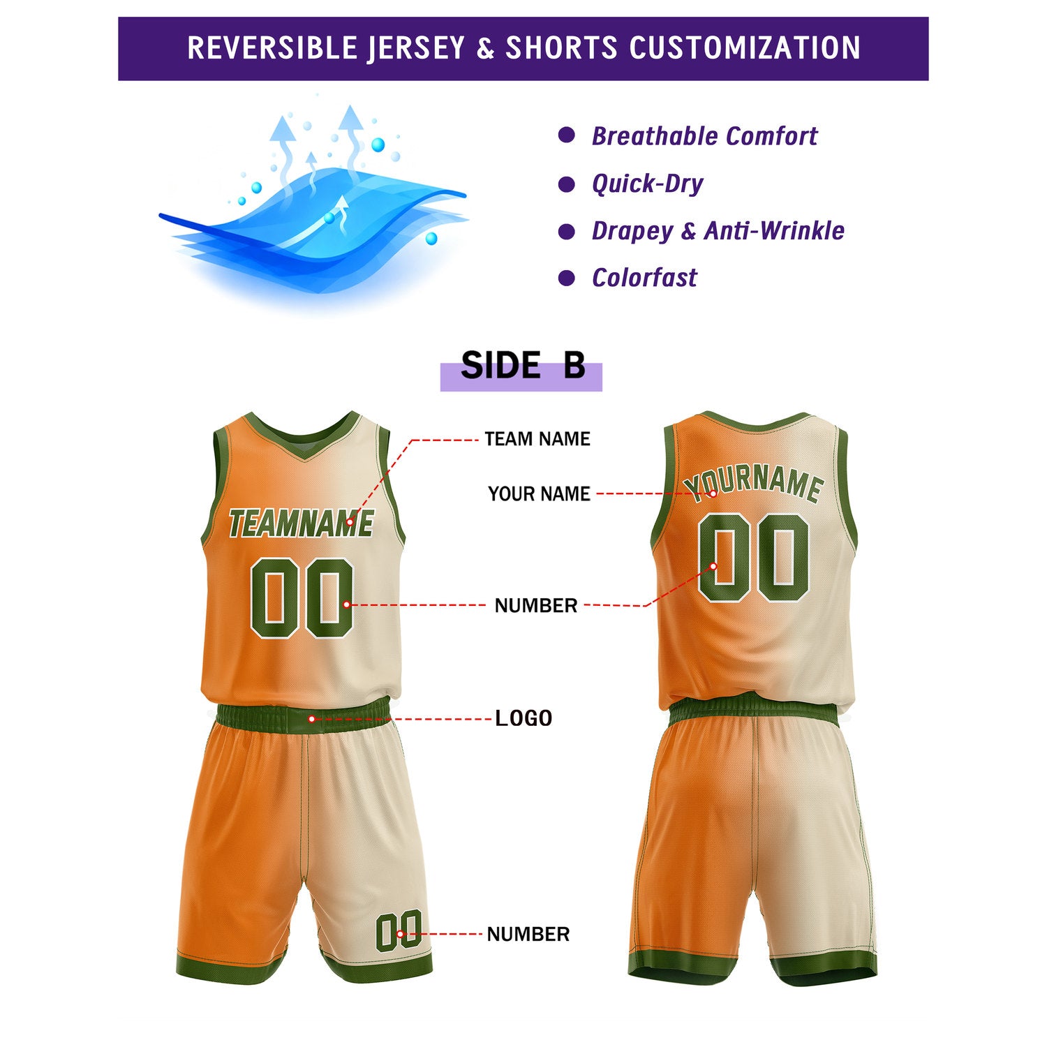 Custom Reversible Green Cream Orange Basketball Uniform Set | Team & Player Name - Vosoli