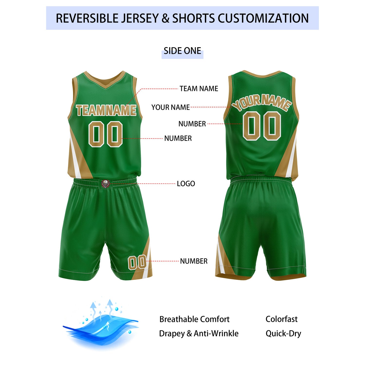 Custom Reversible Green Gold Basketball Uniform Set | Team & Player Name - Vosoli