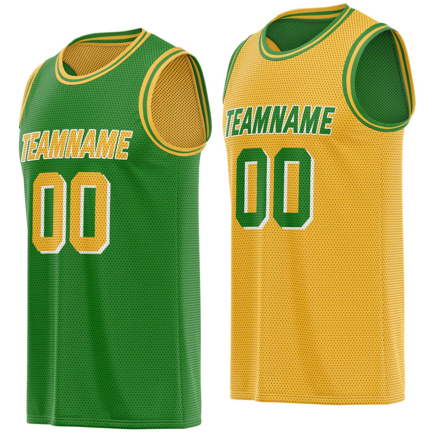 Custom reversible green gold basketball jersey, personalized team name number Logo breathable Mesh sports top for men women youth game practice - Vosoli