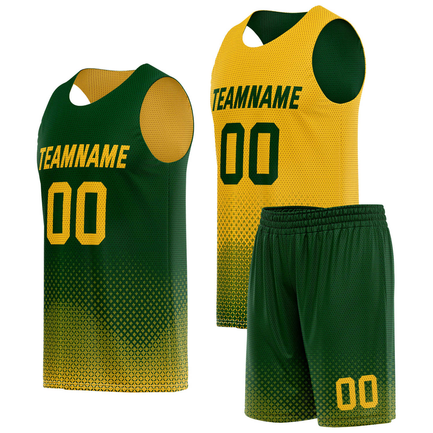 Custom reversible green gold basketball uniform, personalized team name number logo breathable Mesh sports set for men women youth game practice wear - Vosoli