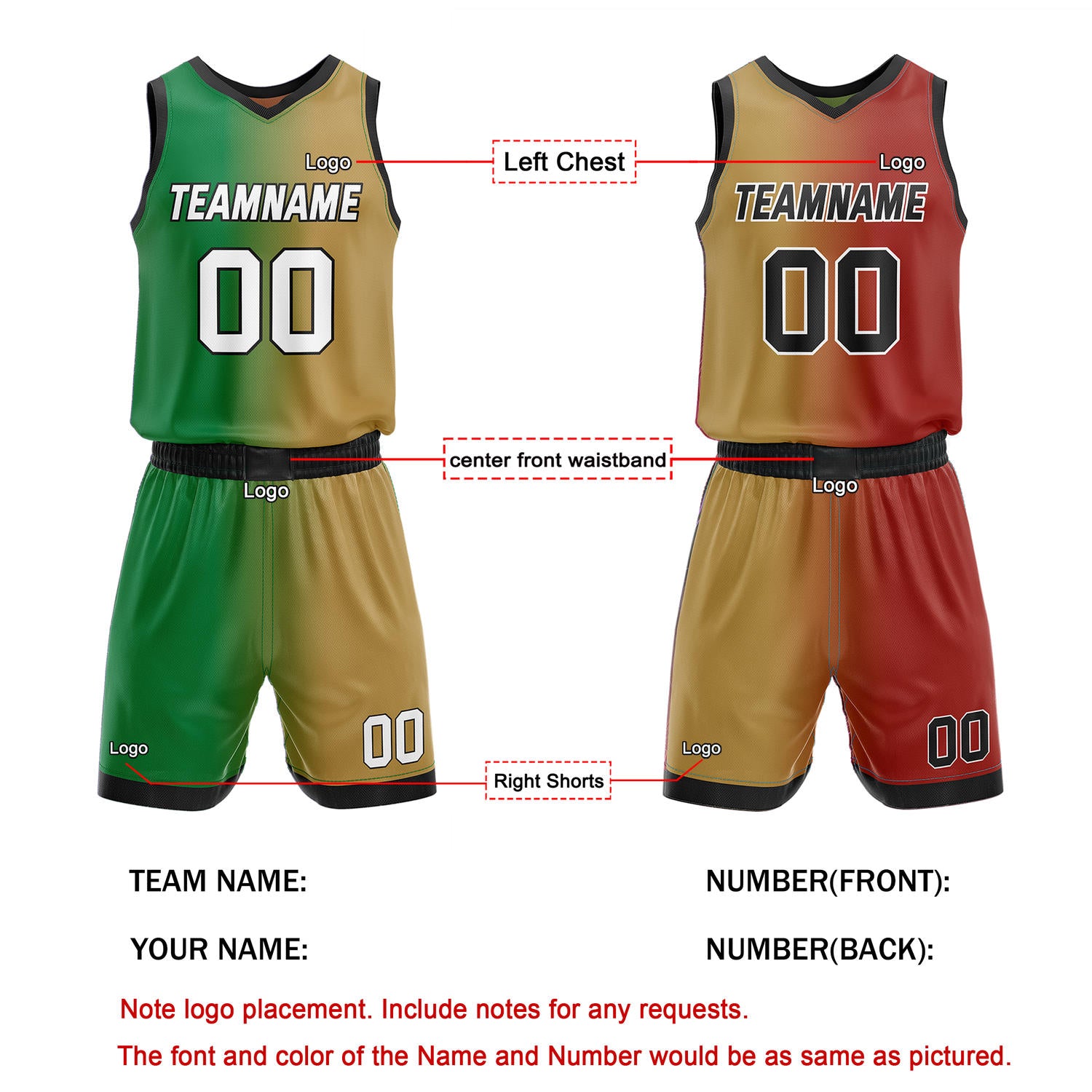 Custom Reversible Green Gold Red Basketball Uniform Set | Team & Player Name - Vosoli