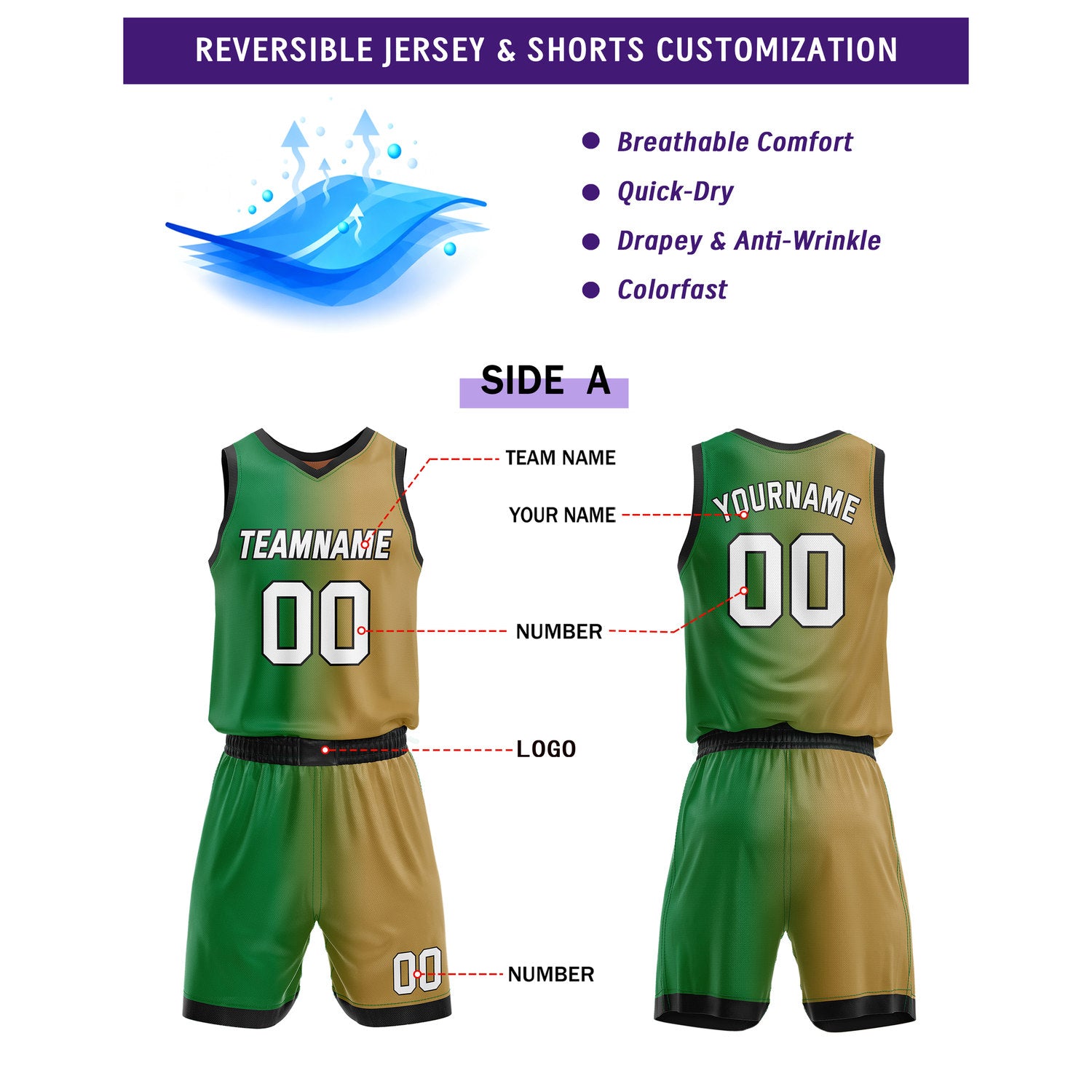 Custom Reversible Green Gold Red Basketball Uniform Set | Team & Player Name - Vosoli