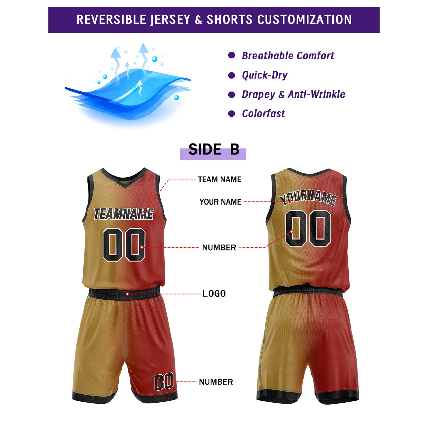 Custom Reversible Green Gold Red Basketball Uniform Set | Team & Player Name - Vosoli