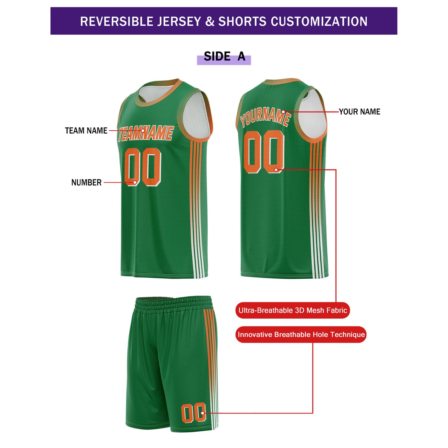 Custom Reversible Green Orange Basketball Uniform Set | Team & Player Name - Vosoli