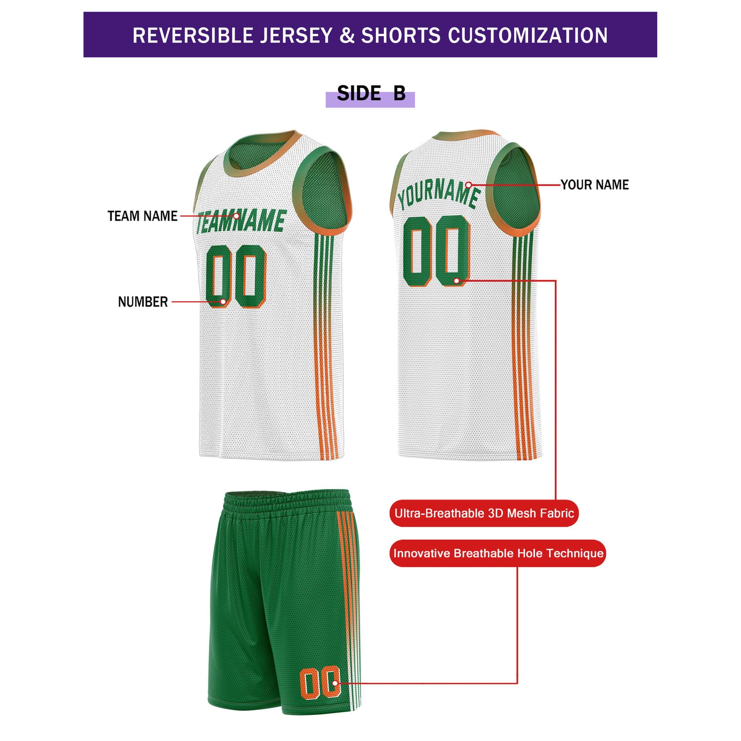 Custom Reversible Green Orange Basketball Uniform Set | Team & Player Name - Vosoli