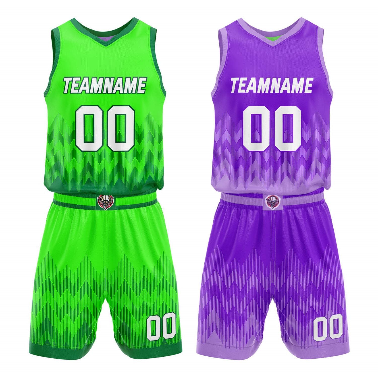 Custom Reversible Basketball Jersey + Shorts Set (Green Purple Gradient Zigzag) - Personalized Team Name, Number & LOGO | Vosoli