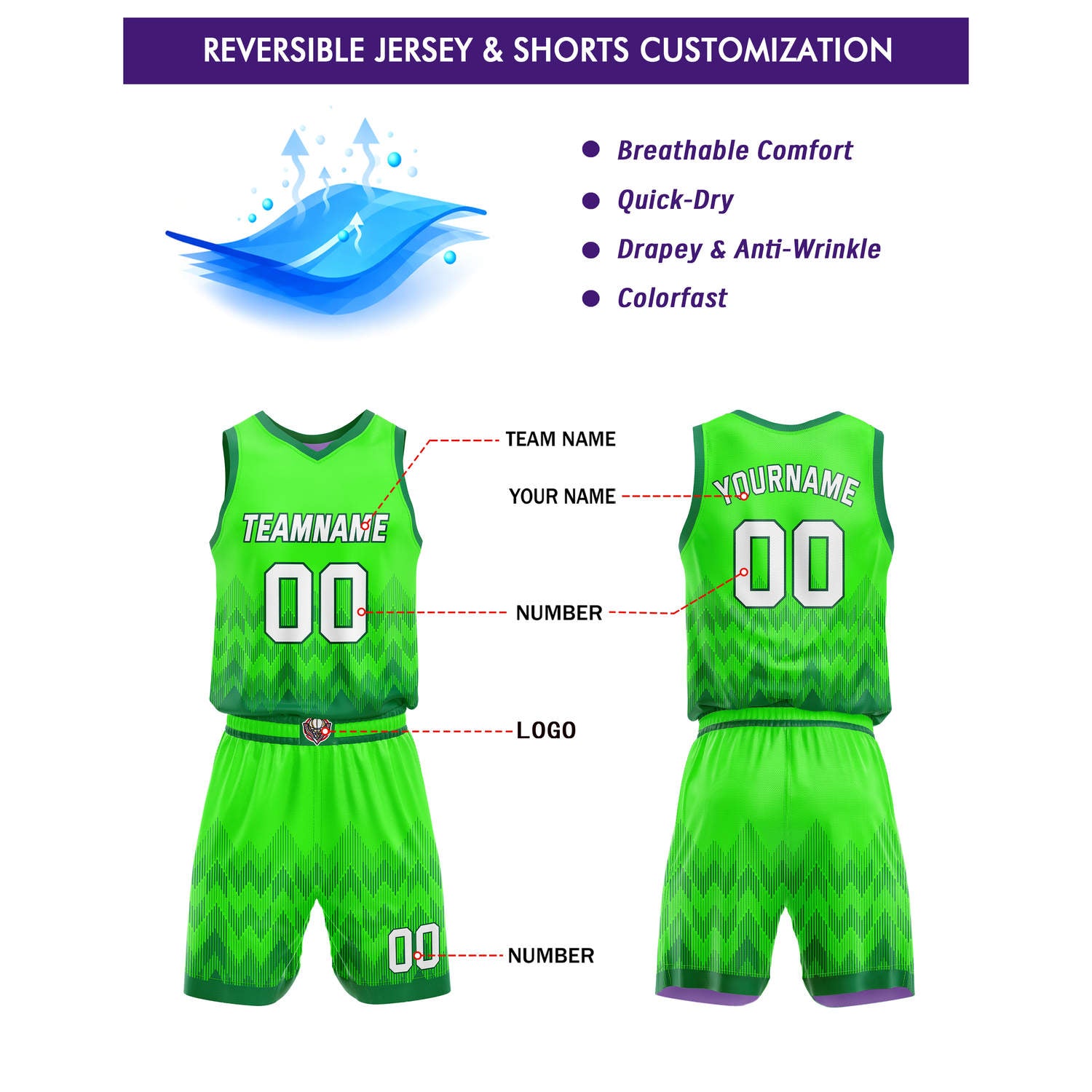 Custom Reversible Basketball Jersey + Shorts Set (Green Purple Gradient Zigzag) - Personalized Team Name, Number & LOGO | Vosoli