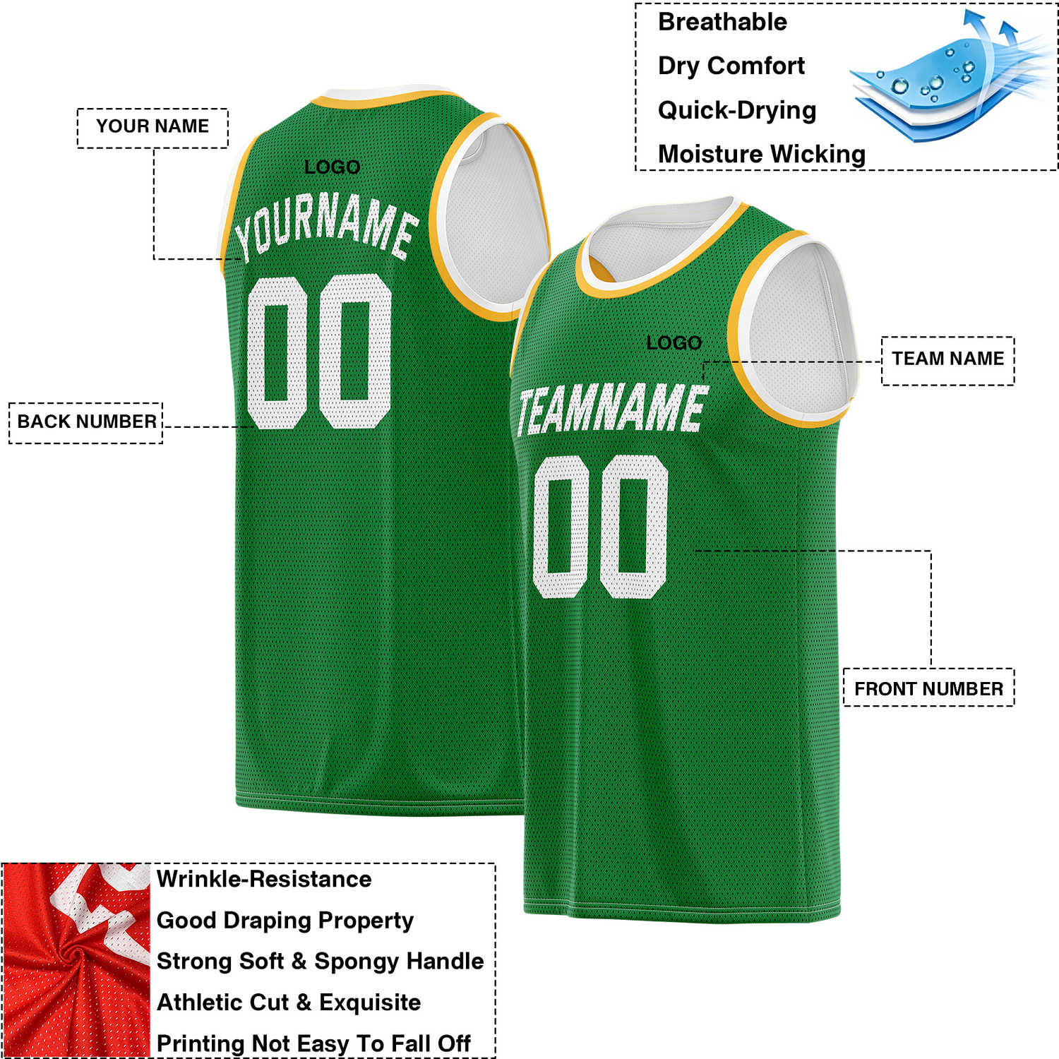 Custom Reversible Green & White Accented Mesh Basketball Jersey | Personalized Team Jersey | Vosoli