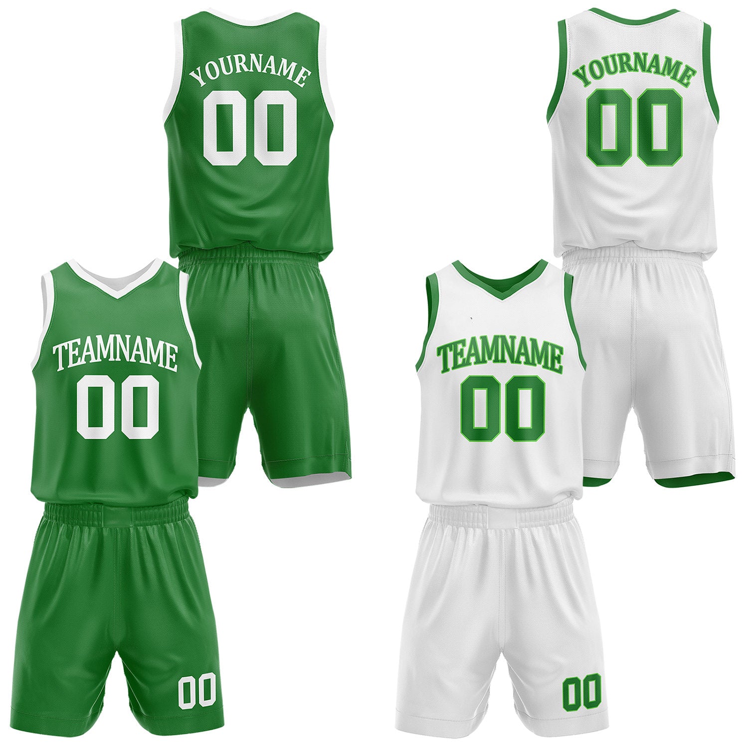 Custom reversible green & white basketball uniform set, personalized with team name number and logo, sports jersey and shorts for men women youth game practice - Vosoli