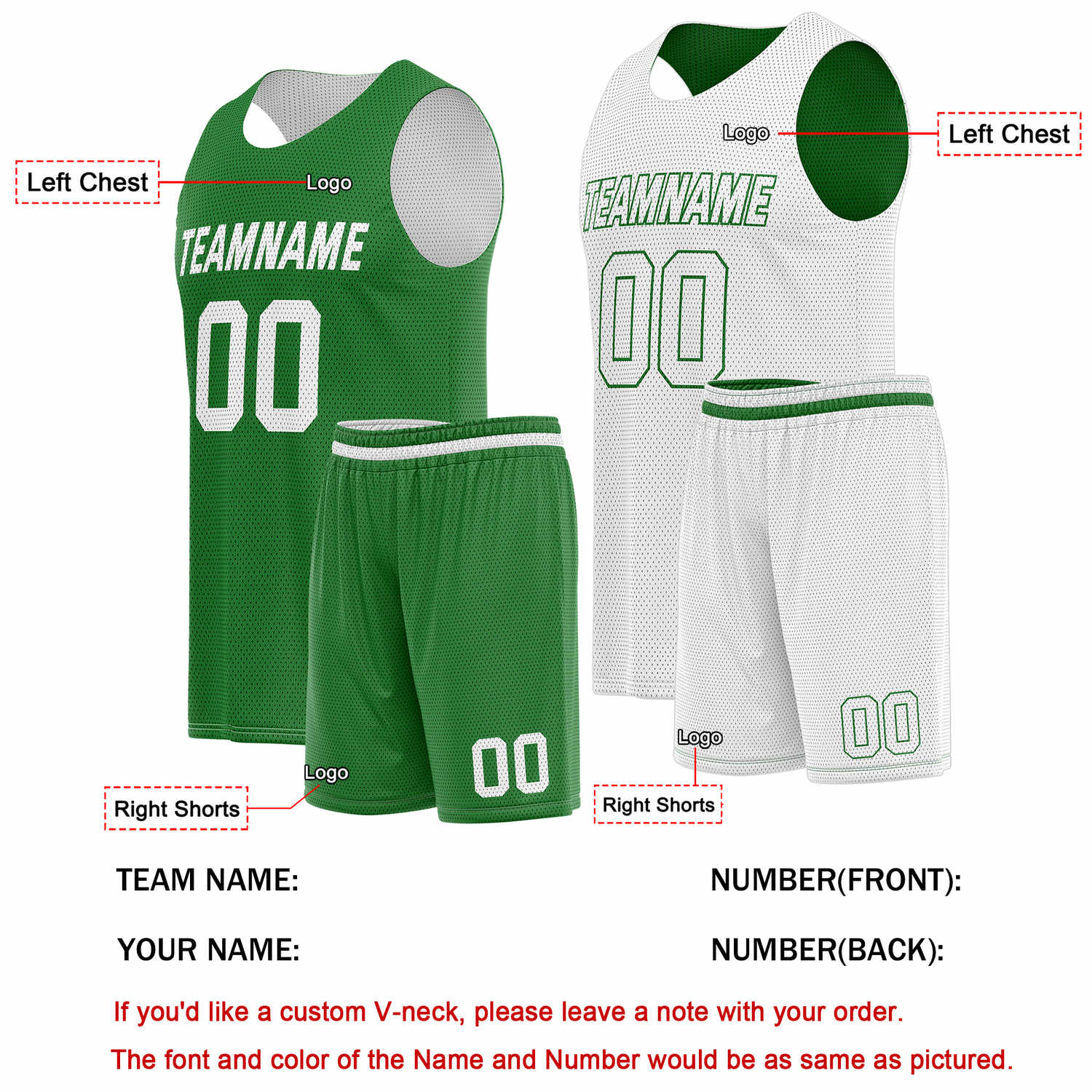 Custom Reversible Green White Basketball Uniform Set | Team Name & Number - Vosoli