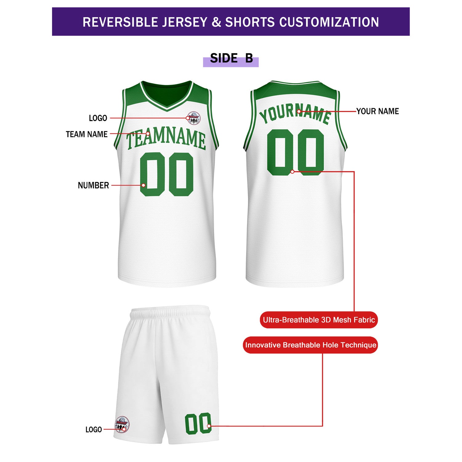 Custom Reversible Green White Basketball Uniform Set | Team Name & Number - Vosoli
