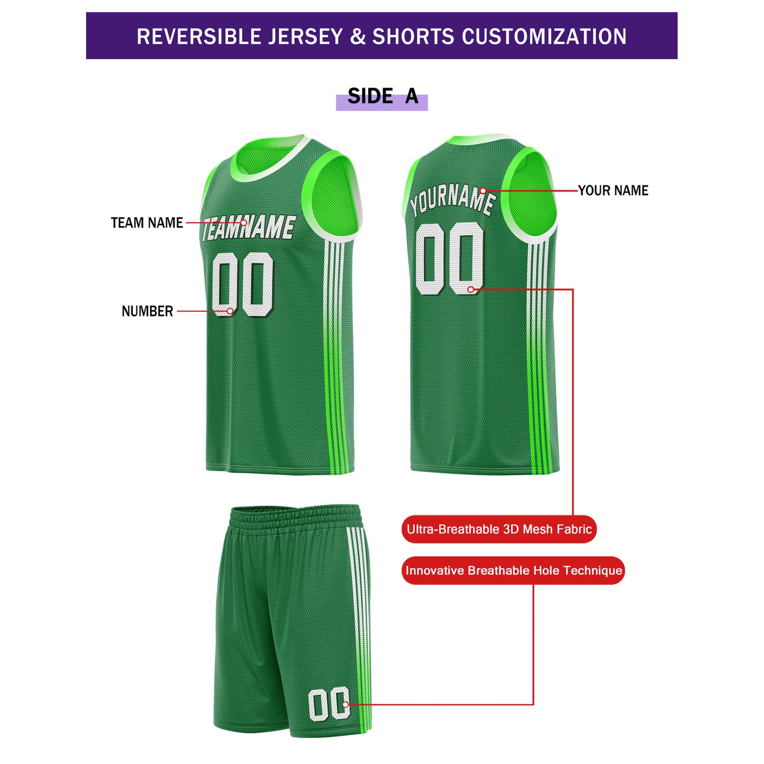 Custom Reversible Green White Basketball Uniform Set | Team & Player Name - Vosoli
