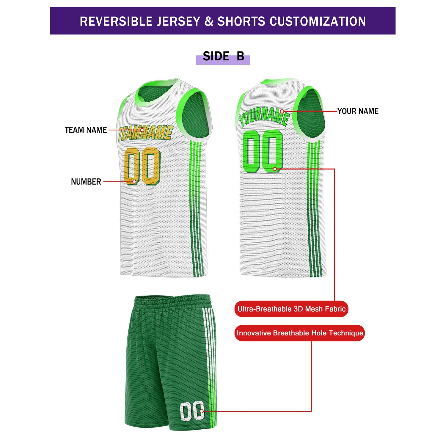 Custom Reversible Green White Basketball Uniform Set | Team & Player Name - Vosoli