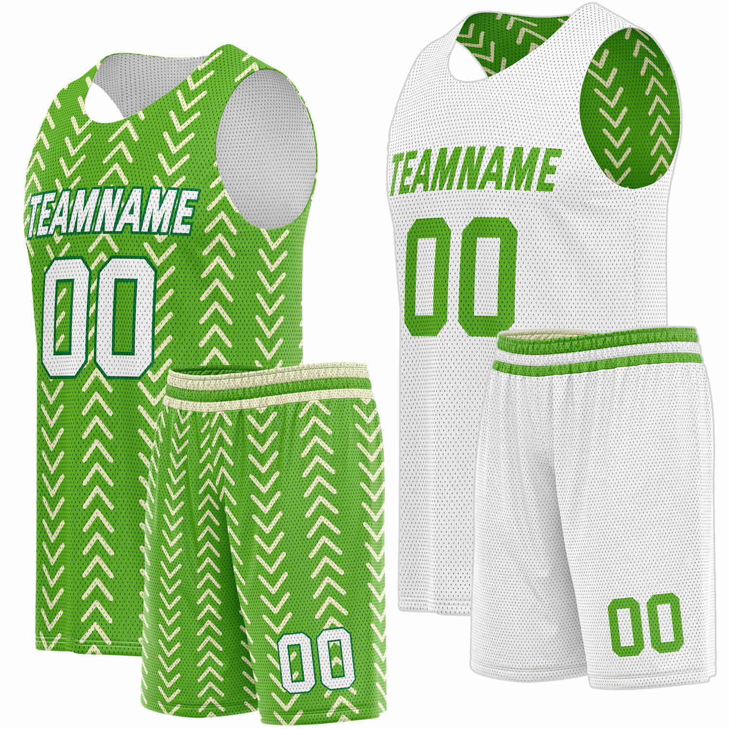 Custom Reversible Basketball Jersey + Shorts Set (Green & White Chevron) - Personalized Team Name, Number & LOGO | Vosoli