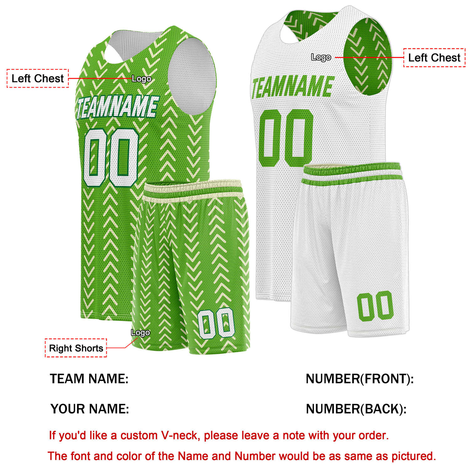 Custom Reversible Basketball Jersey + Shorts Set (Green & White Chevron) - Personalized Team Name, Number & LOGO | Vosoli