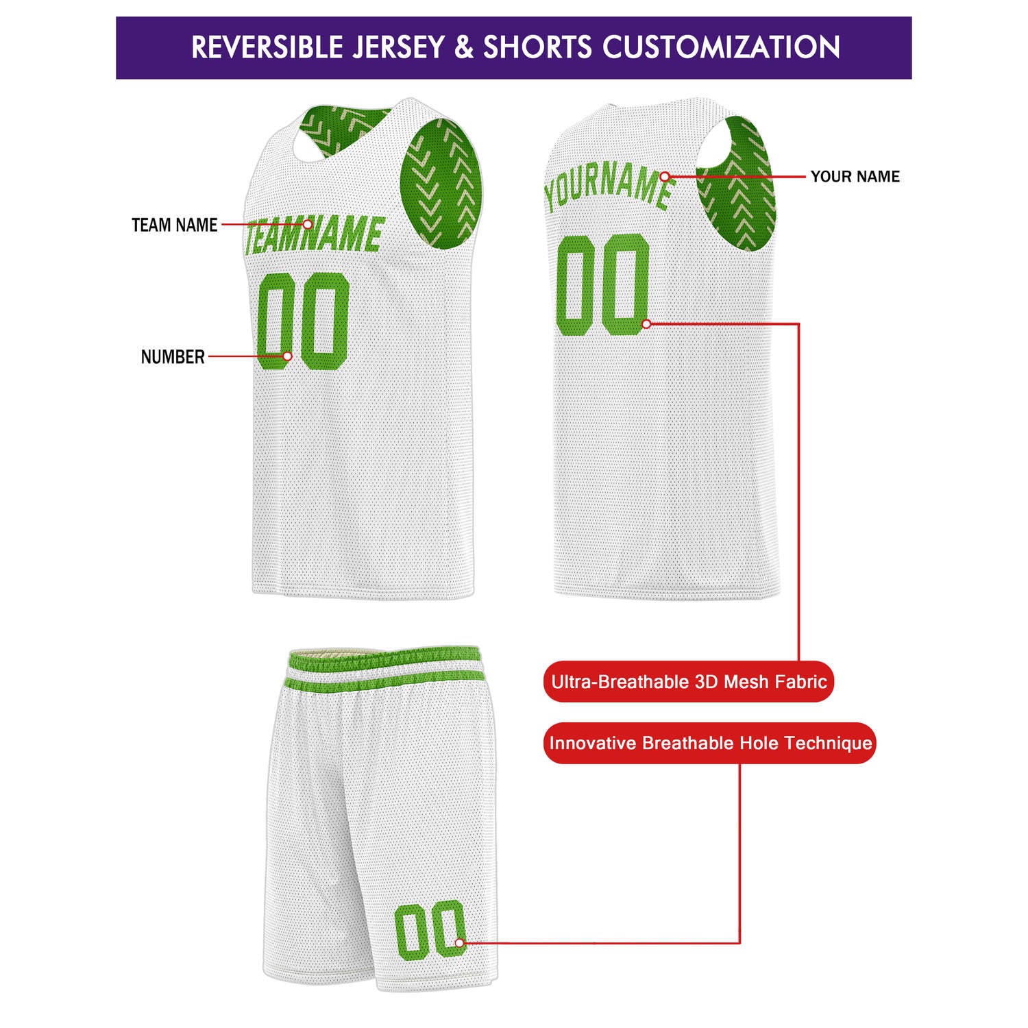 Custom Reversible Basketball Jersey + Shorts Set (Green & White Chevron) - Personalized Team Name, Number & LOGO | Vosoli