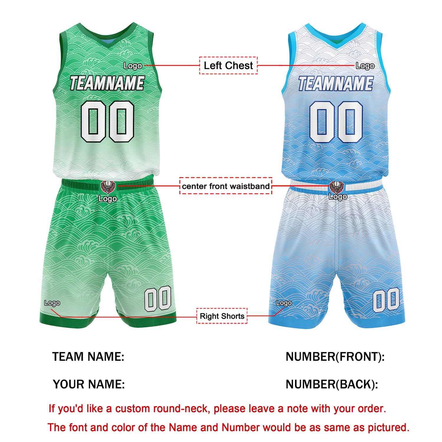 Custom Reversible Basketball Jersey + Shorts Set (Green-White & Blue Gradient Wave) - Personalized Team Name, Number & LOGO | Vosoli