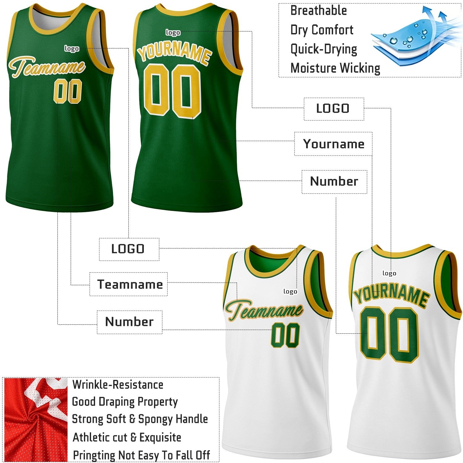 Custom Reversible Green & White Basketball Jersey | Personalized Team Jersey | Vosoli